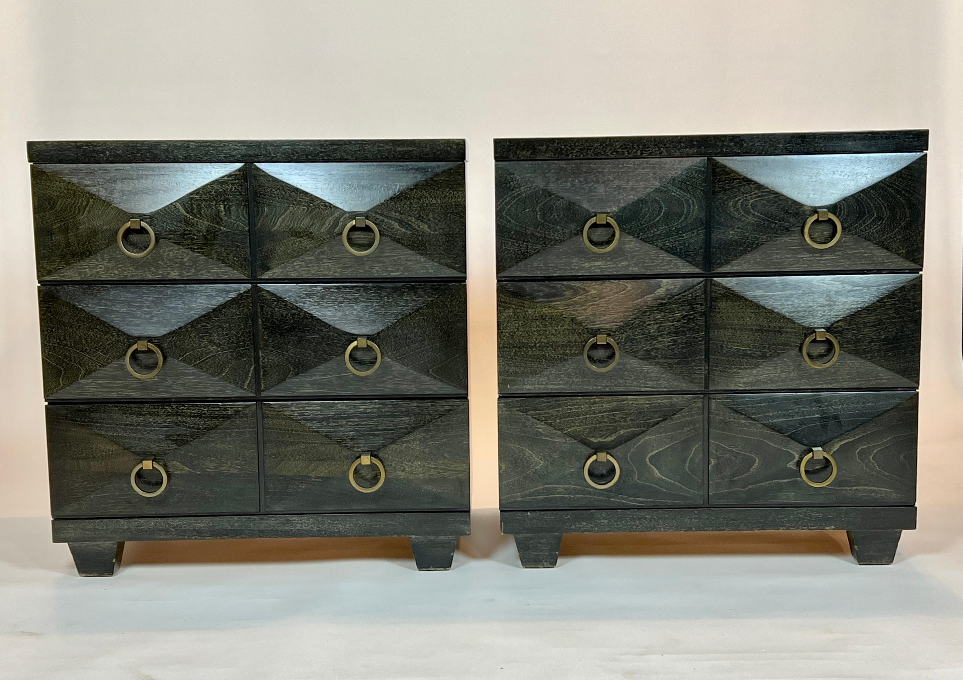 Pair of silver fox black cerused wood chests by Albert Furniture in Shelbyville, Indiana. These classic chests of drawers have diamond convex fronts and aged brass ring pulls. Amazingly clean condition for their age.