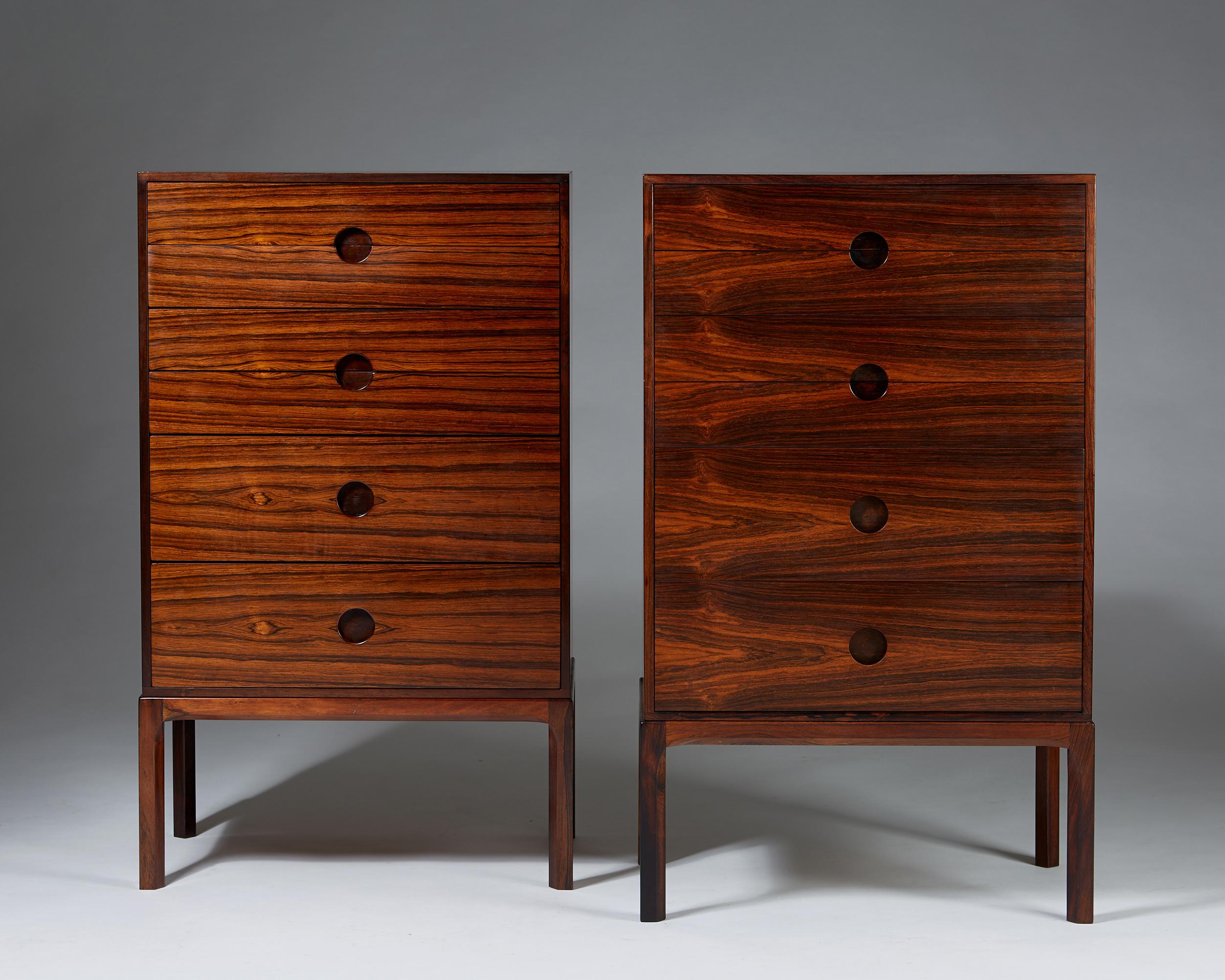 Rosewood. Pair of chests of drawers Model 385 designed by Kai Kristiansen for Aksel Kjersg.
 