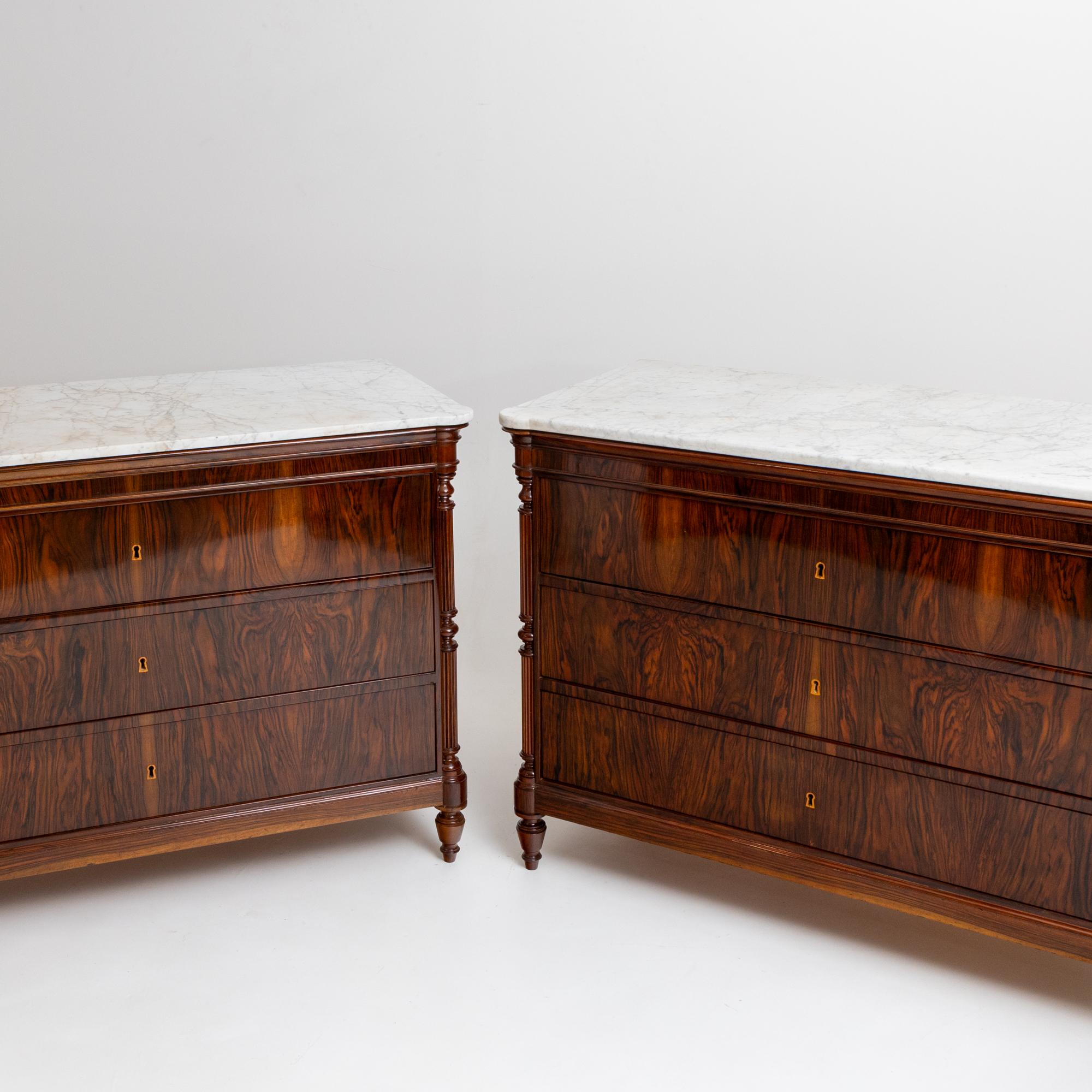 Polished Pair of Chests of Drawers with Marble Tops, Mid-19th Century For Sale