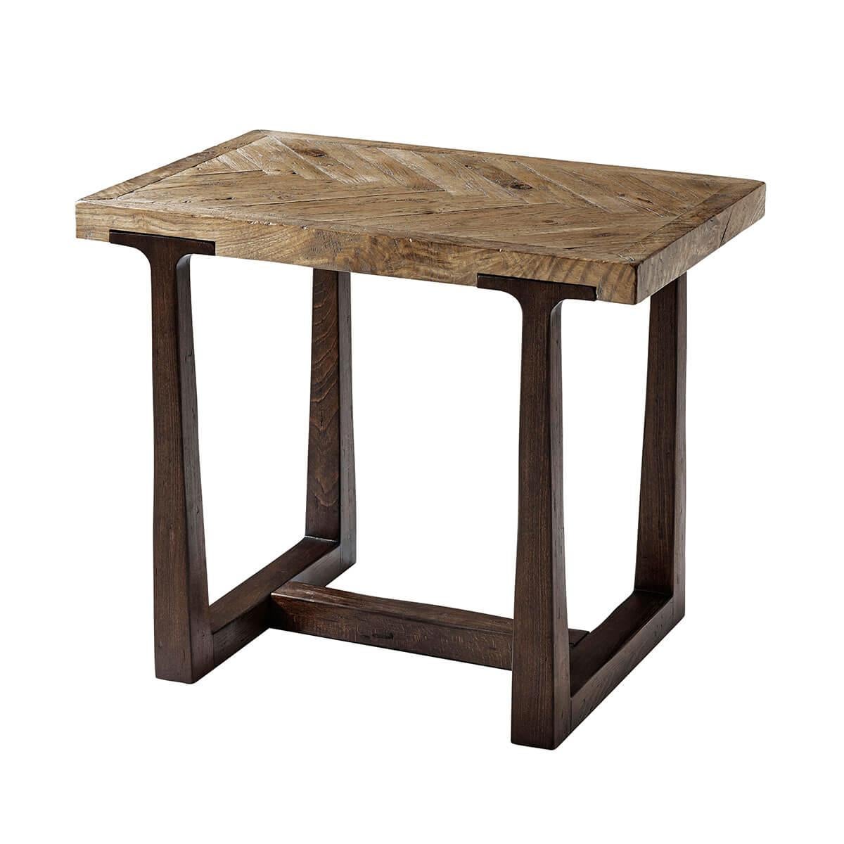 Oak Parquetry Side Table with ebonized solid wood clasp legs and stretchers. It has solid oak framed top and our 