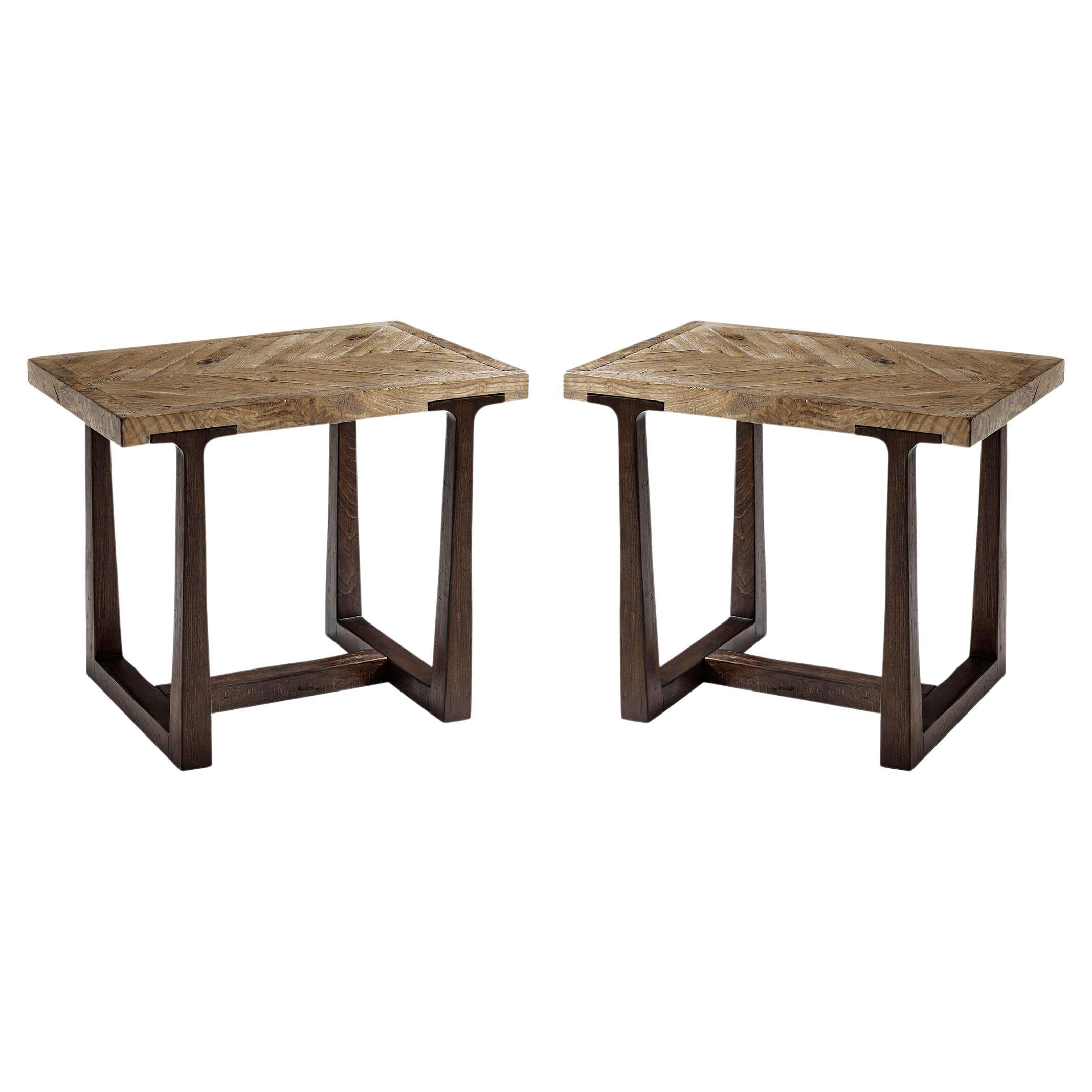 Pair of Chevron Oak Parquetry Side Tables For Sale