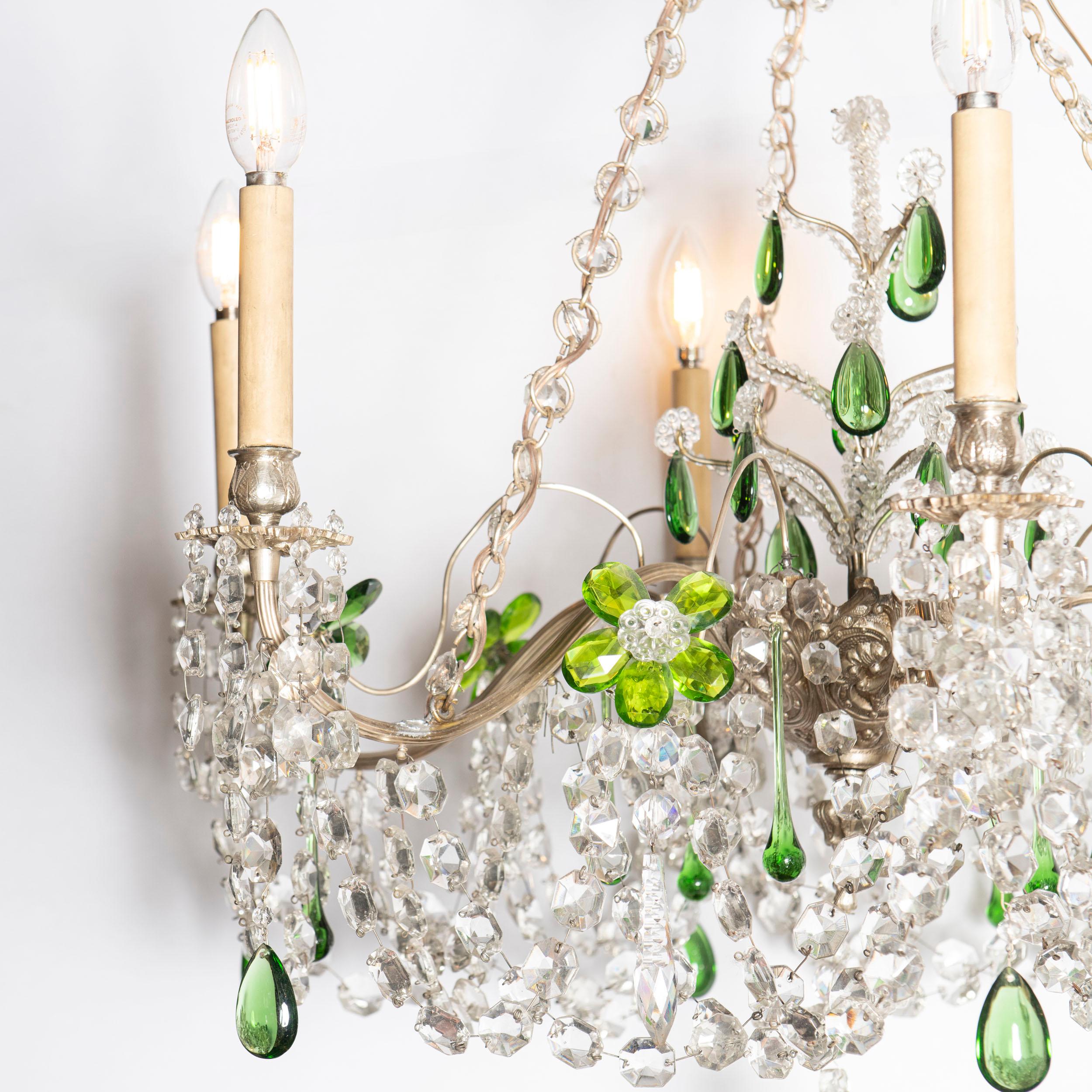 Victorian Pair of Chezh Crystal and Silver Bronze Chandeliers, England, Early 20th Century For Sale