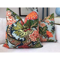 Pair of Chiang Mai Dragon Aquamarine Linen Pillows