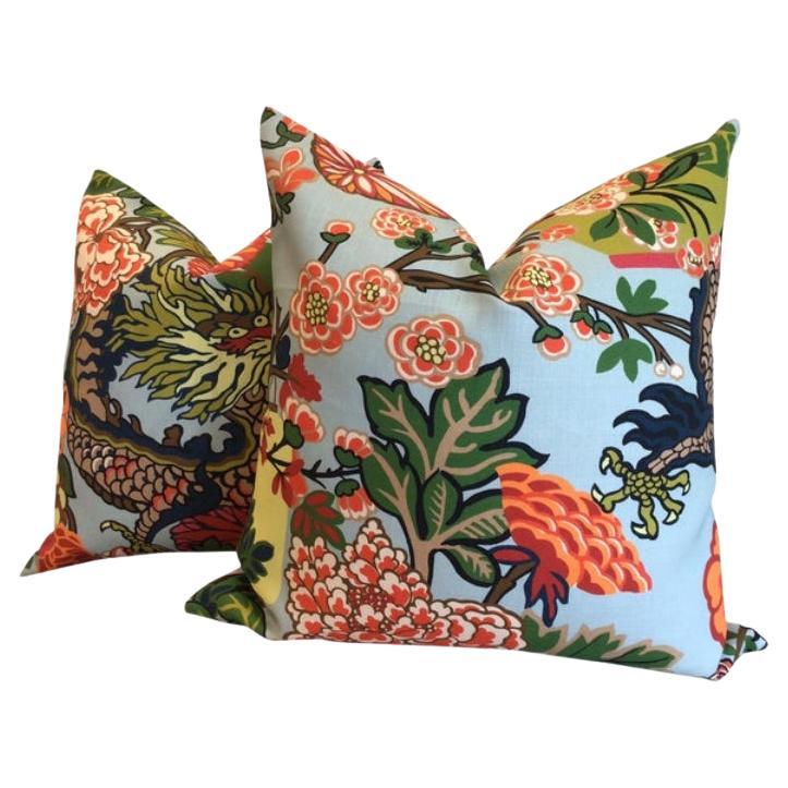 Coppia di cuscini in lino Chiang Mai Dragon Aquamarine