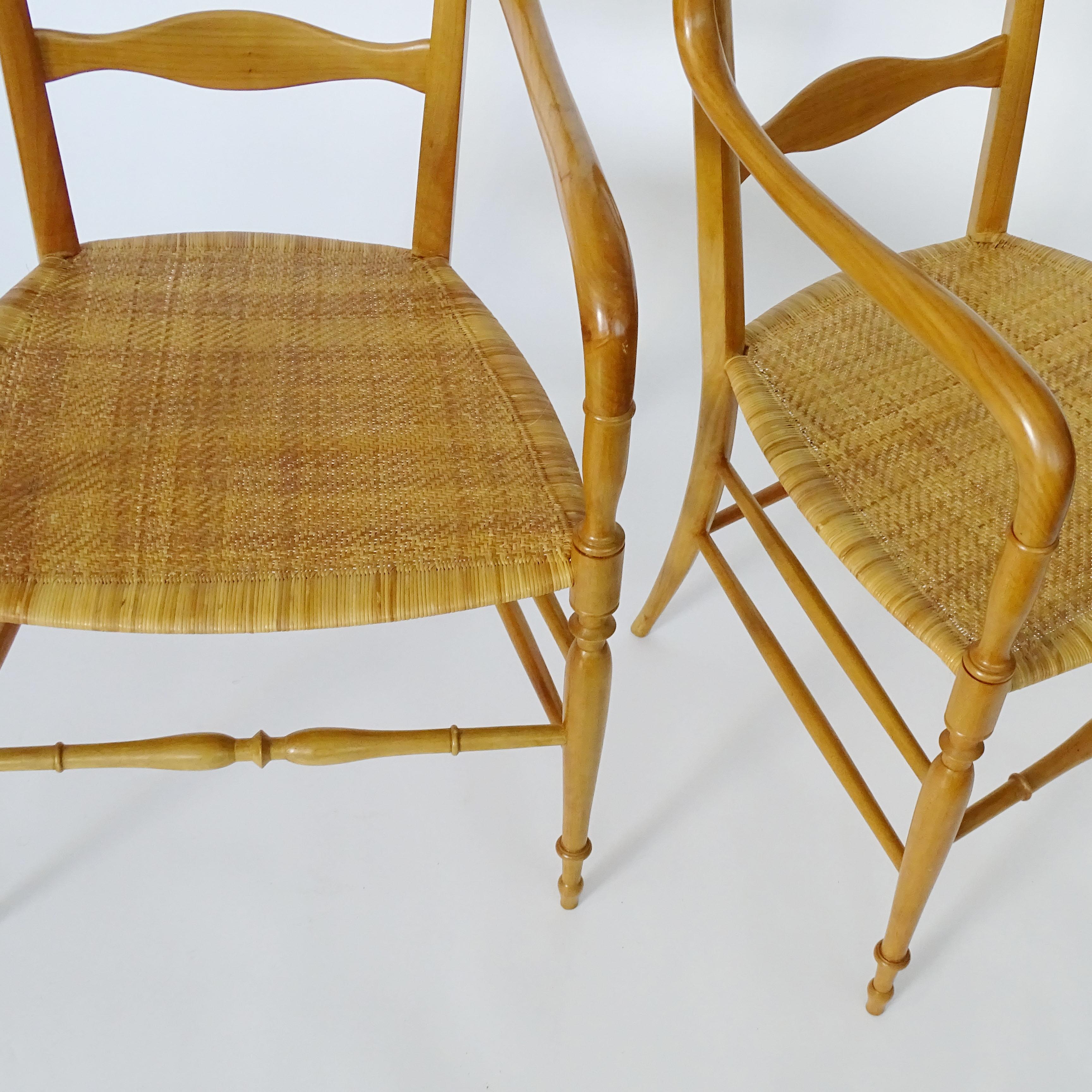 Mid-Century Modern Pair of Chiavari Armchairs in Beechwood and Caned Seat, Italy, 1960s For Sale