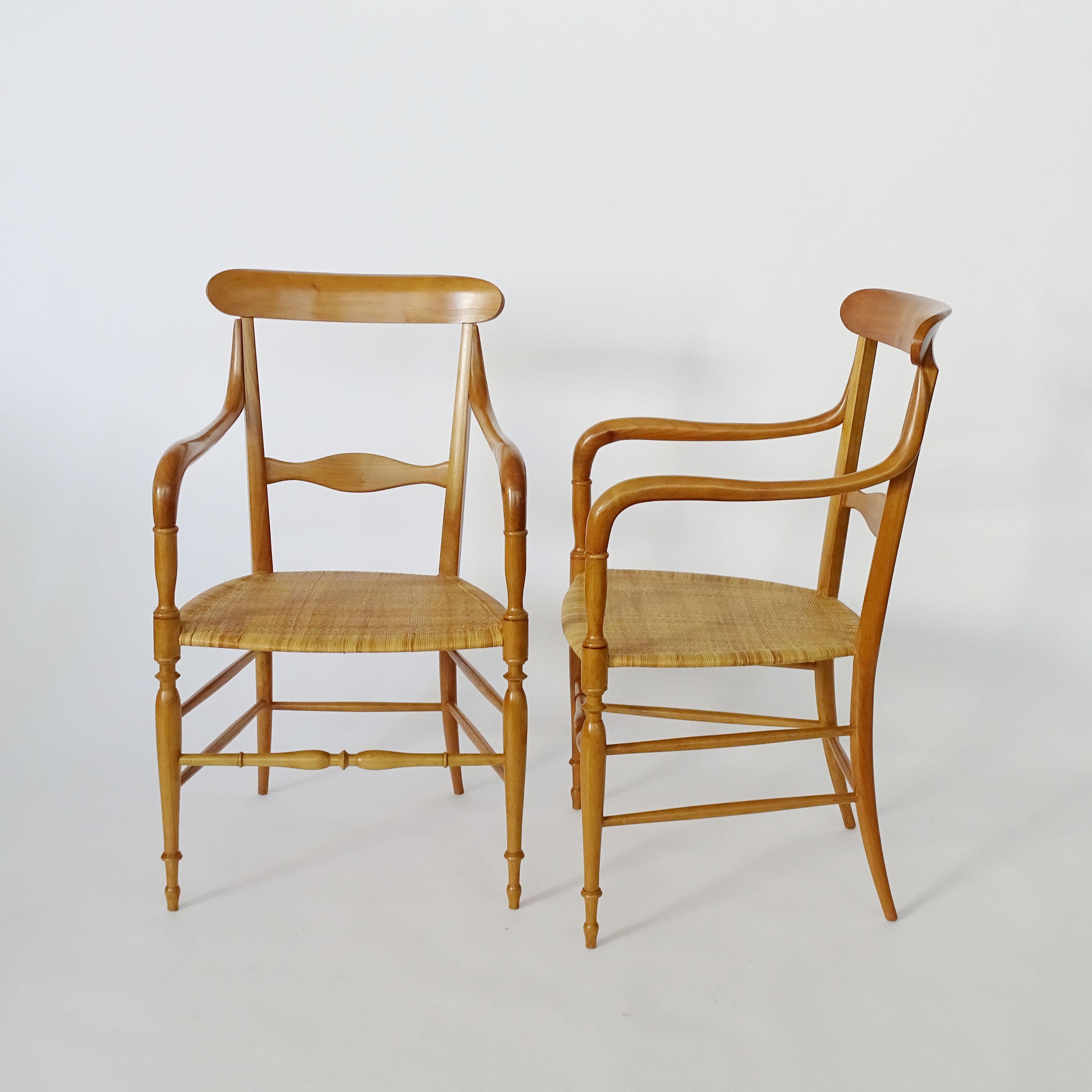 Pair of Chiavari Armchairs in Beechwood and Caned Seat, Italy, 1960s In Good Condition For Sale In Milan, IT