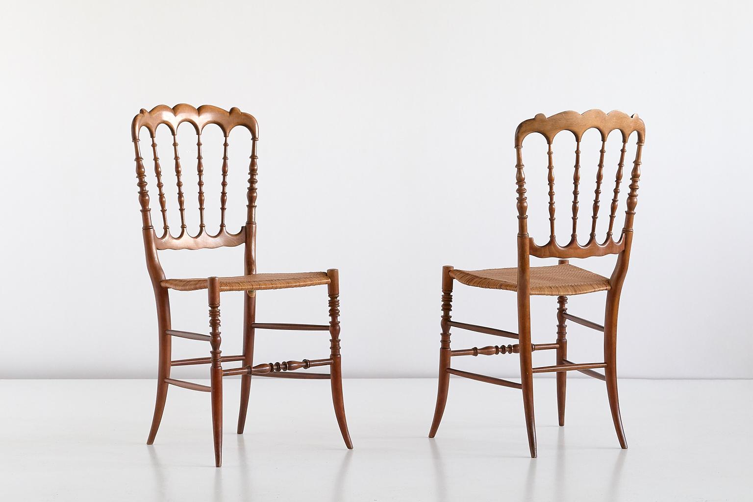 Italian Pair of Chiavari Chairs in Beech and Cane, F.lli Zunino & Rivarola, Italy, 1950s