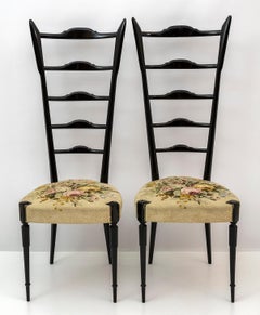 Pair of Chiavari Gio Ponti Style Mid-Century Modern Italian High Back Chairs 50s