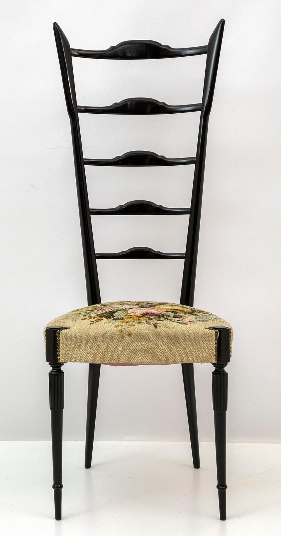 Mid-20th Century Pair of Chiavari Gio Ponti Style Mid-Century Modern Italian High Back Chairs 50s For Sale