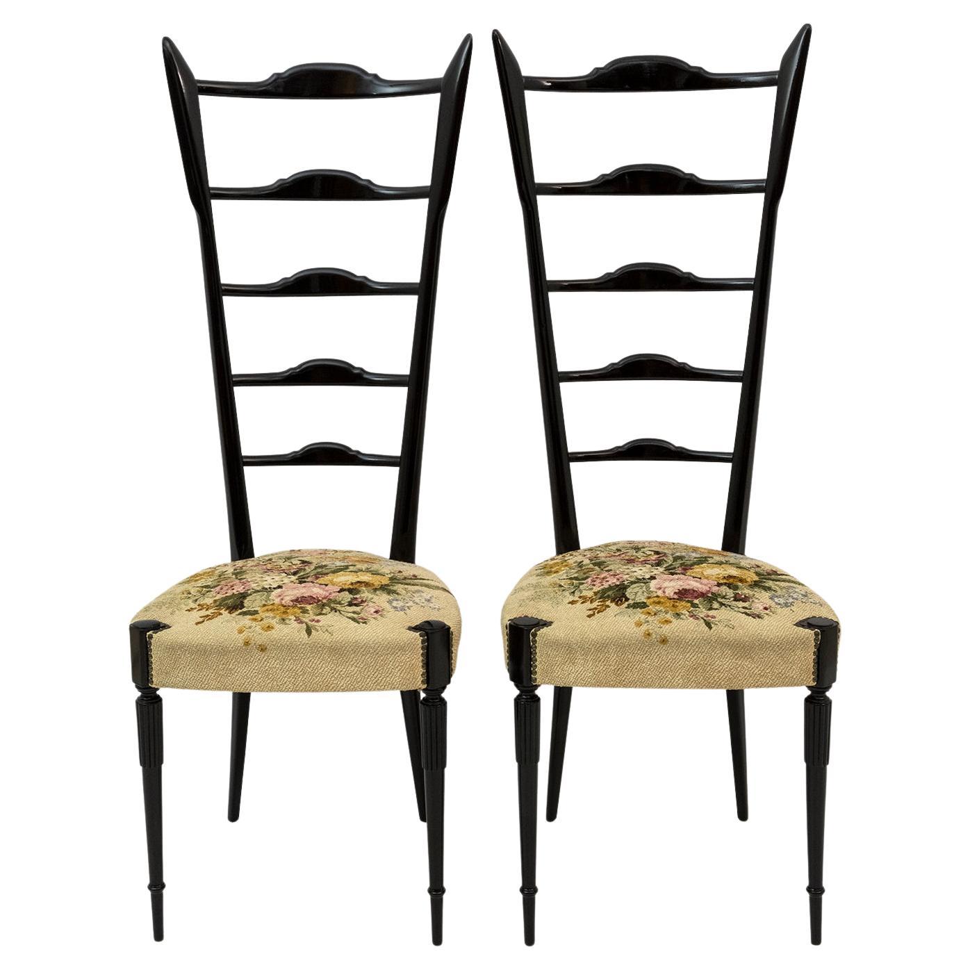 Pair of Chiavari Gio Ponti Style Mid-Century Modern Italian High Back Chairs 50s