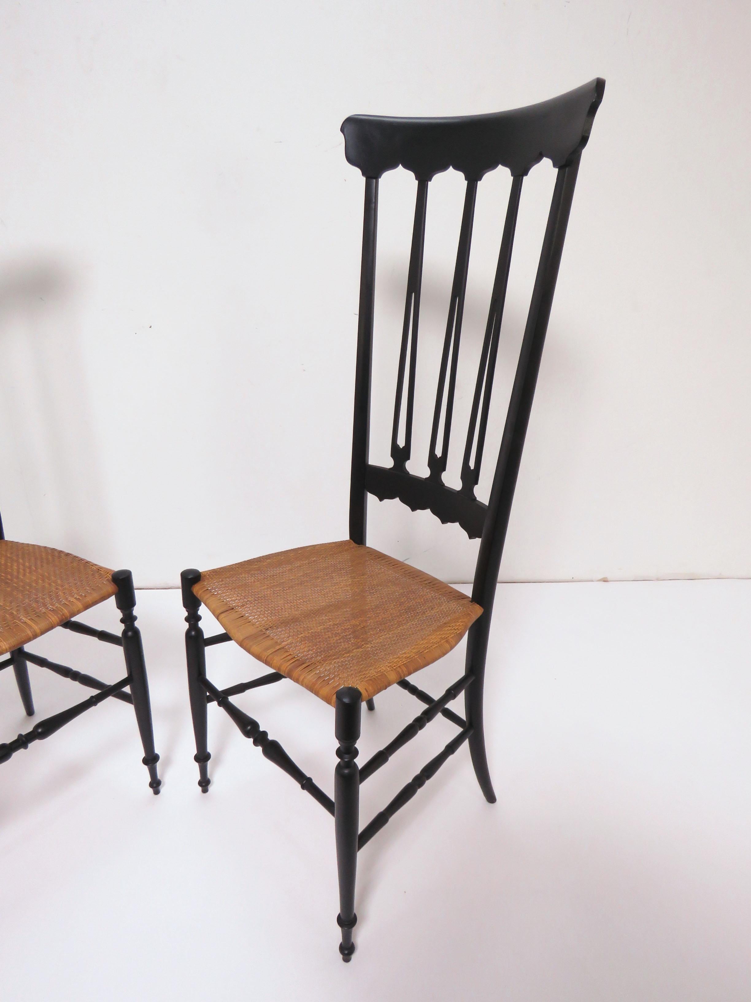 Mid-Century Modern Pair of Chiavari High Back Chairs in Black Lacquer and Cane, circa 1960s