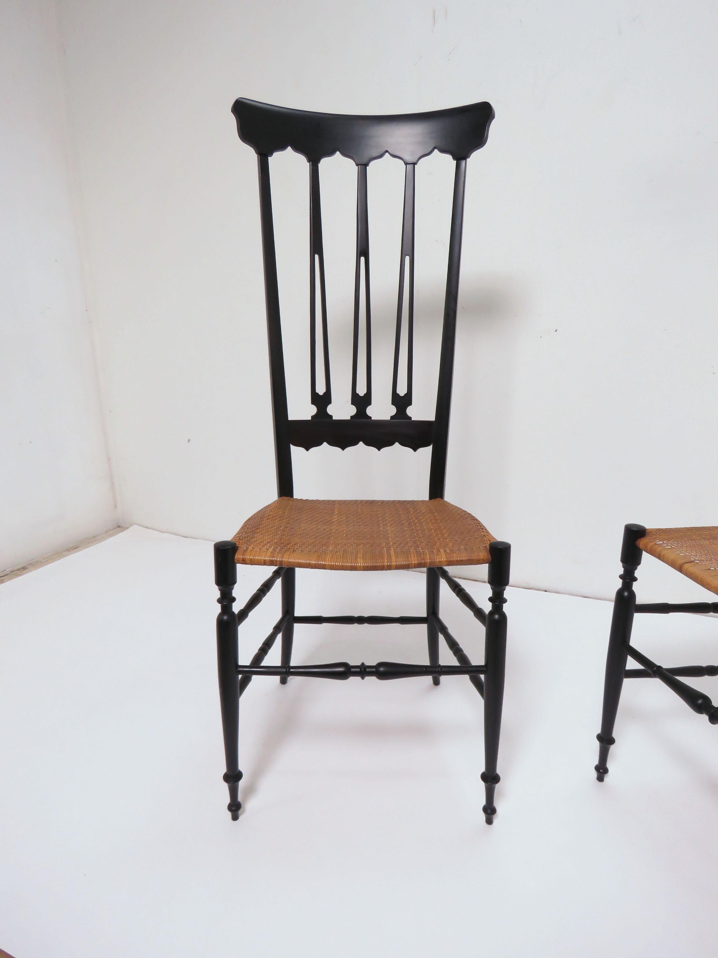 Italian Pair of Chiavari High Back Chairs in Black Lacquer and Cane, circa 1960s