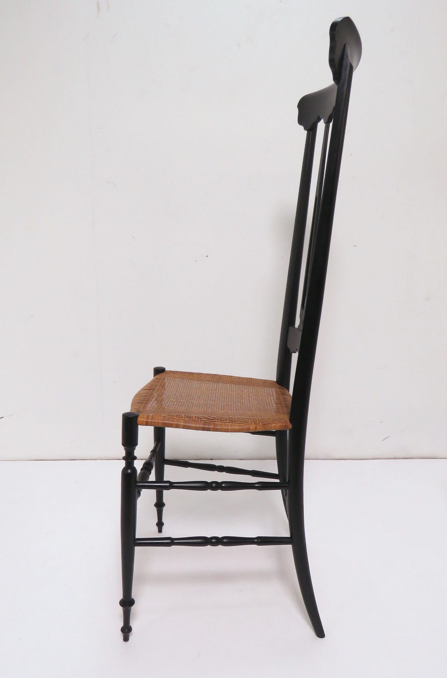 Lacquered Pair of Chiavari High Back Chairs in Black Lacquer and Cane, circa 1960s