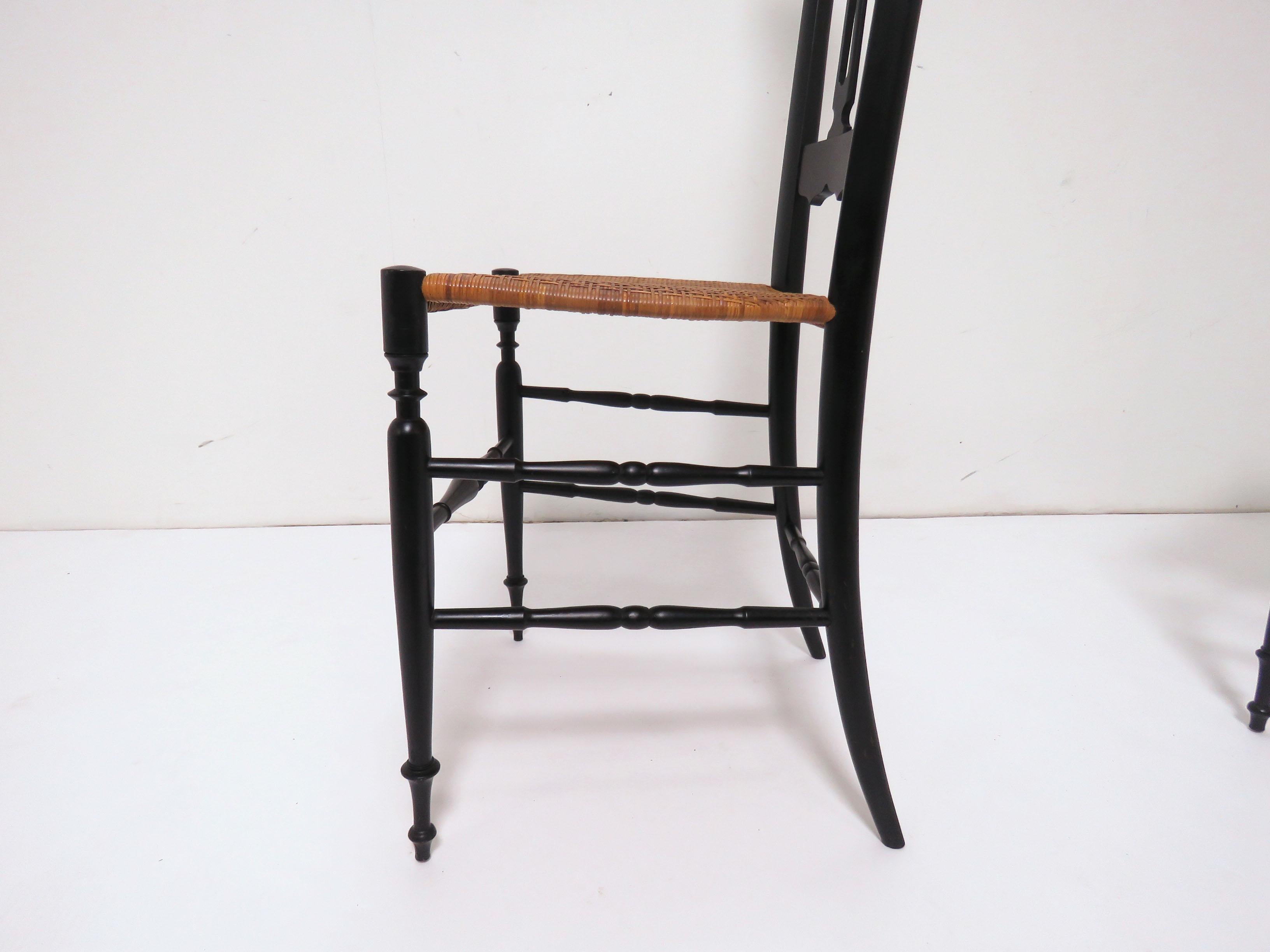 Pair of Chiavari High Back Chairs in Black Lacquer and Cane, circa 1960s In Good Condition In Peabody, MA
