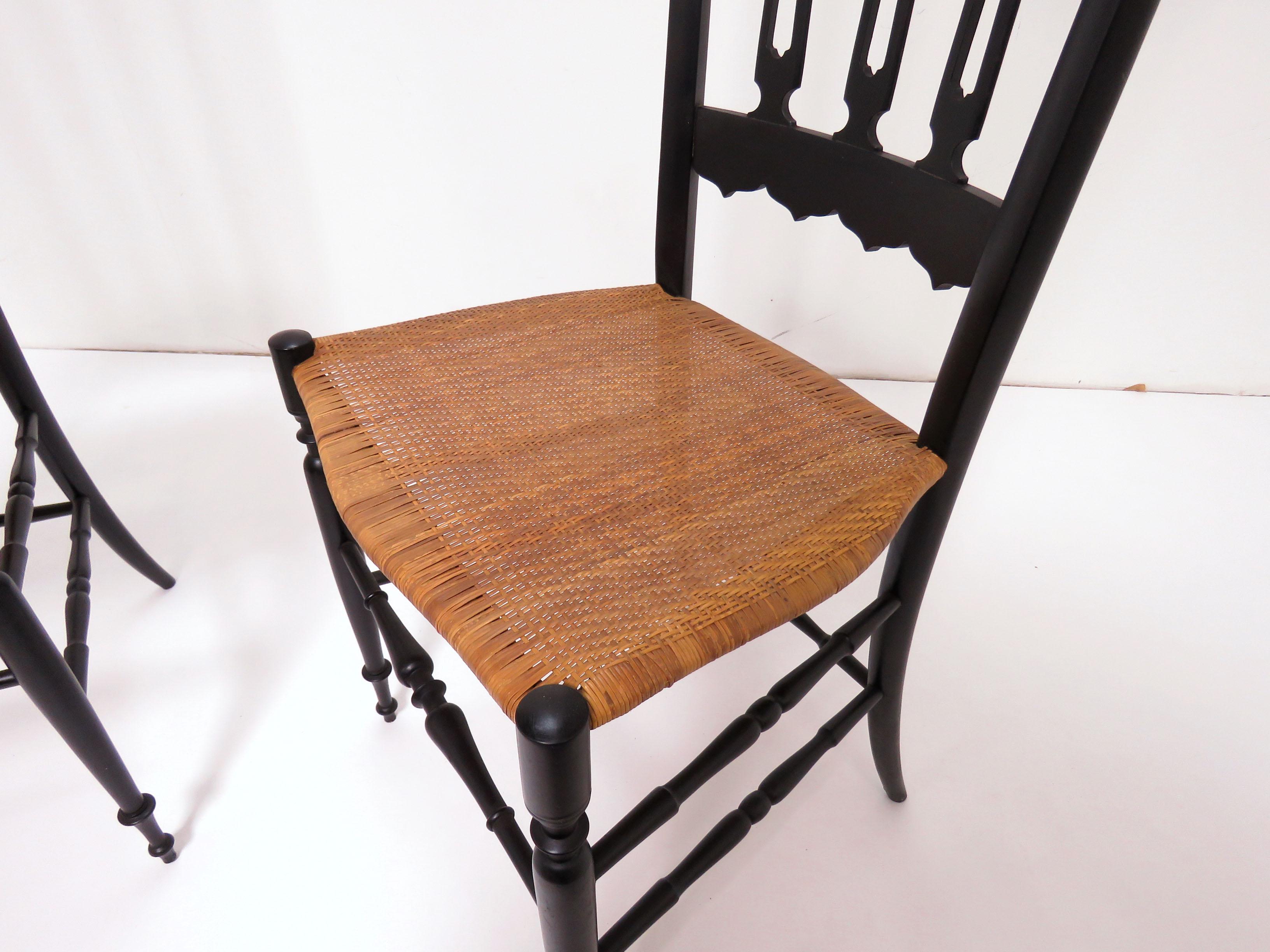 Wood Pair of Chiavari High Back Chairs in Black Lacquer and Cane, circa 1960s