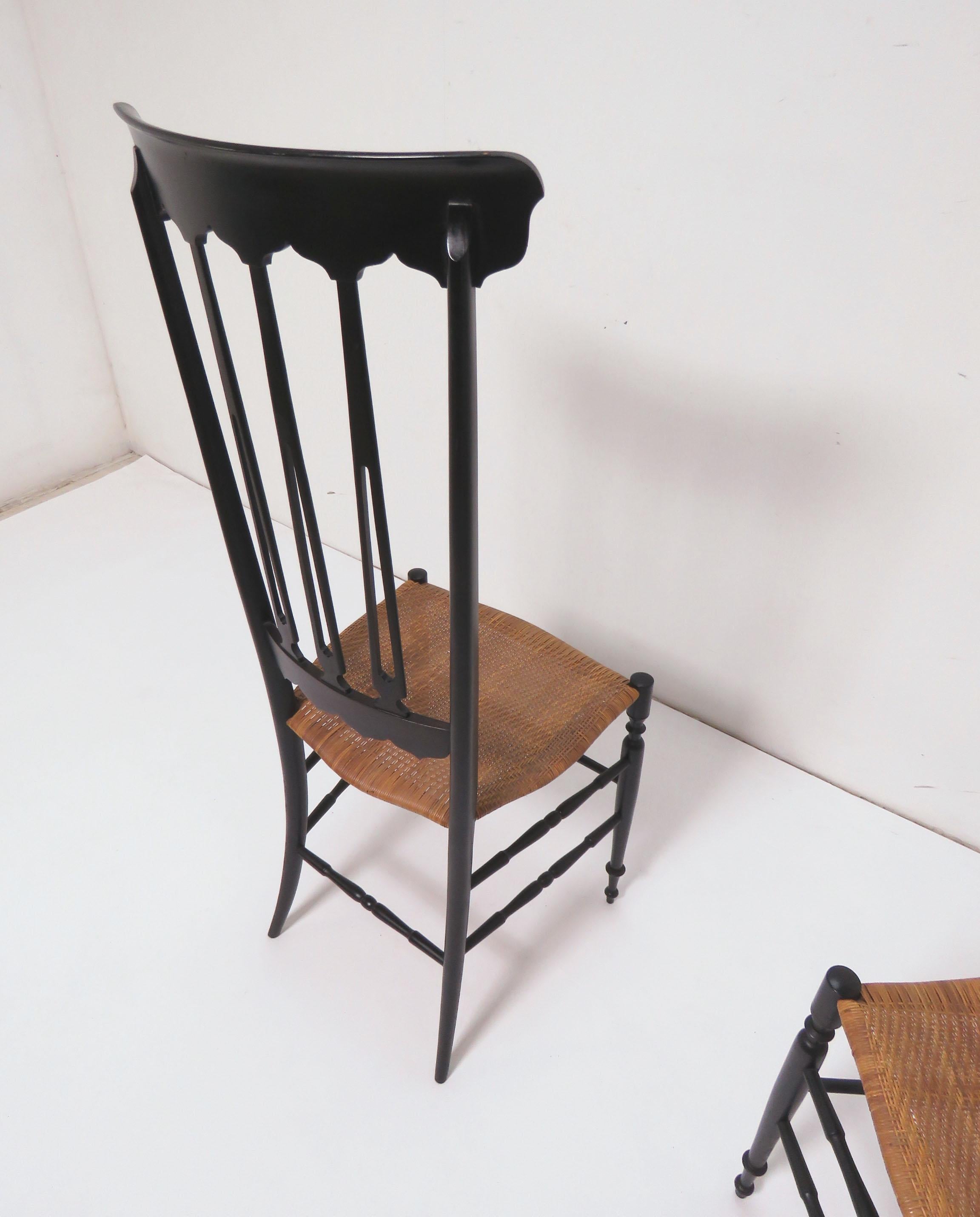 Pair of Chiavari High Back Chairs in Black Lacquer and Cane, circa 1960s 1