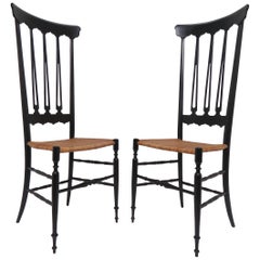 Pair of Chiavari High Back Chairs in Black Lacquer and Cane, circa 1960s