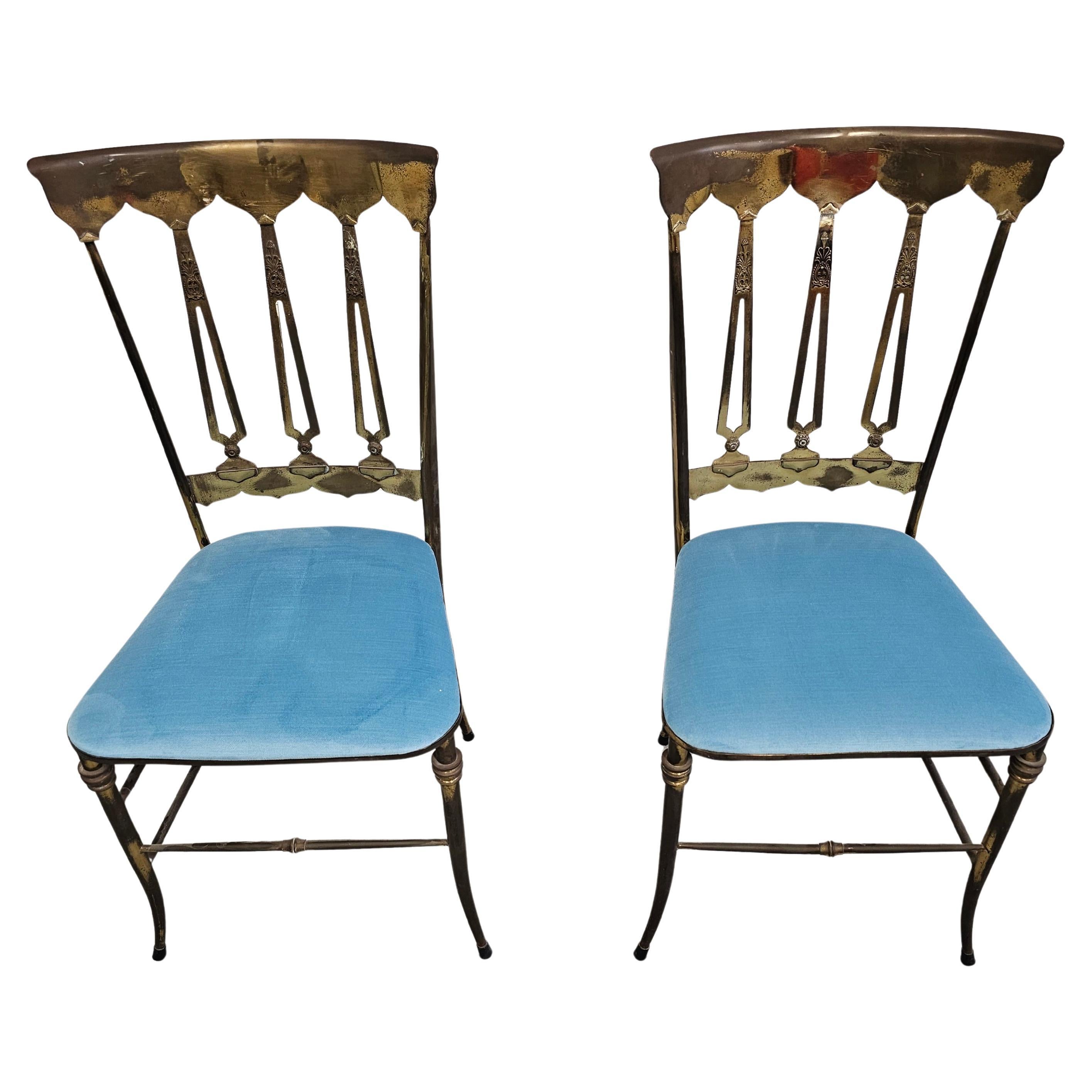 Pair of Chiavari Side Chairs made of solid brass with baby blue plush seats