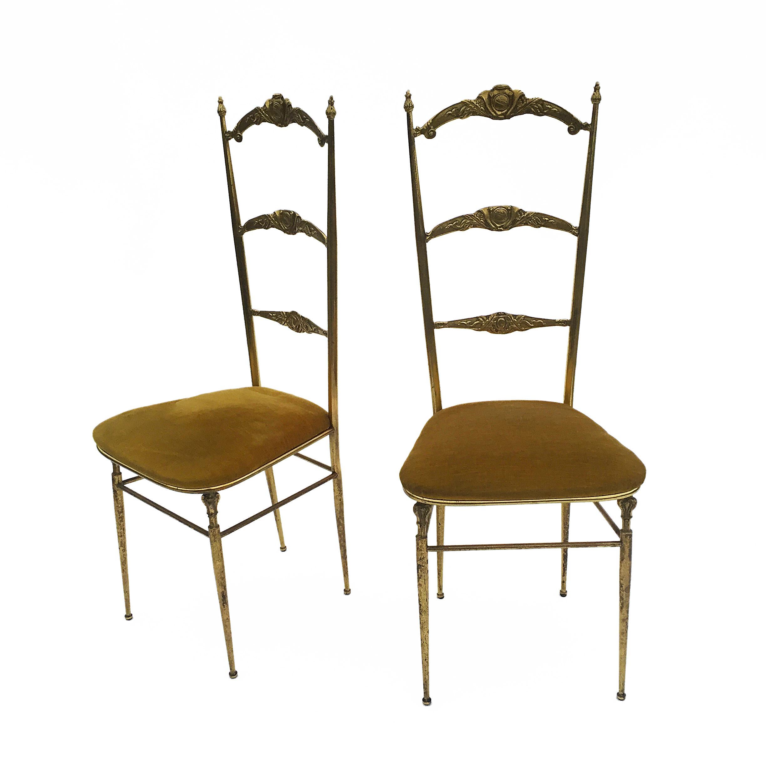 Hollywood Regency Mid-Century Pair Of Chiavari Style Brass Ladder Accent Side Chairs, 1950s