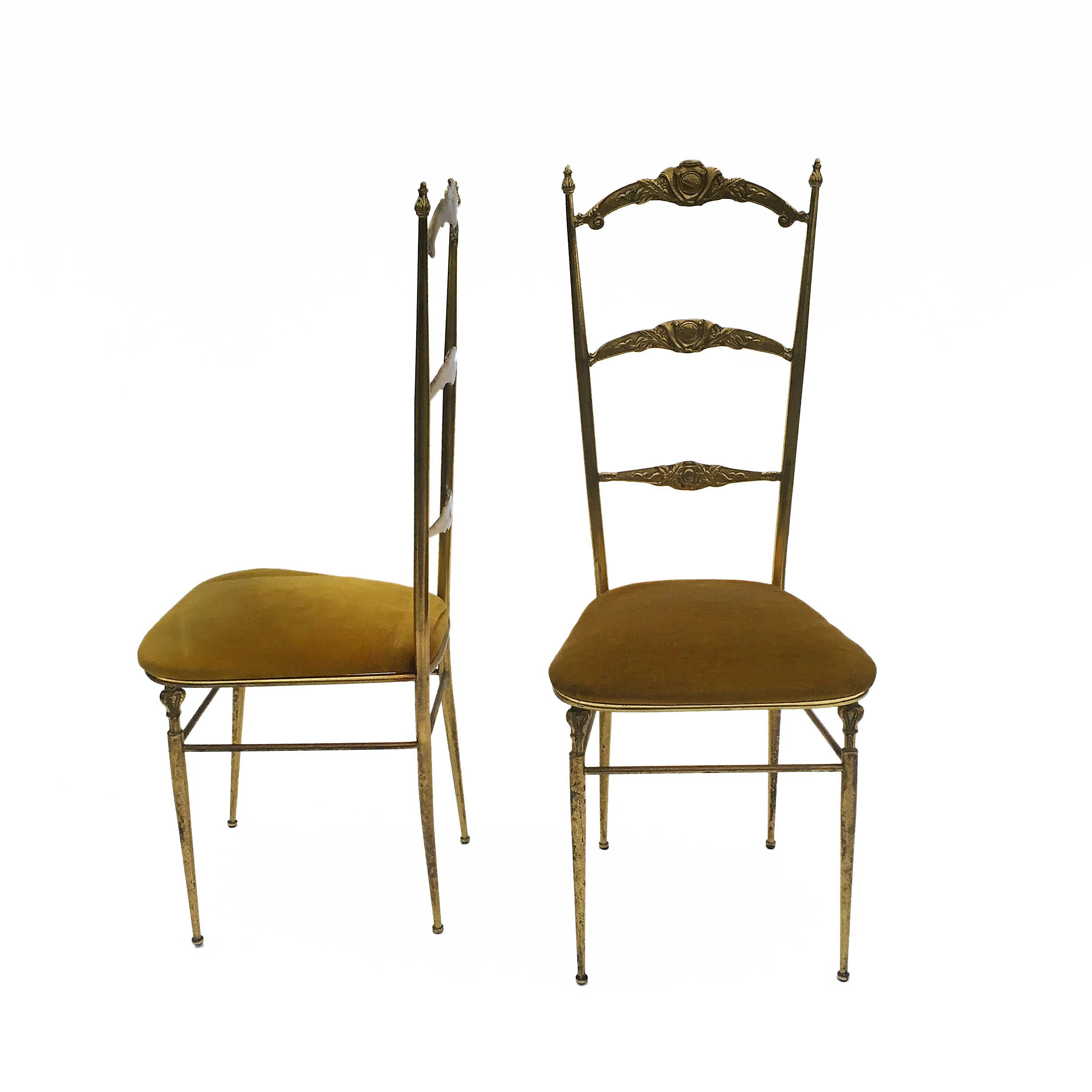 Italian Mid-Century Pair Of Chiavari Style Brass Ladder Accent Side Chairs, 1950s