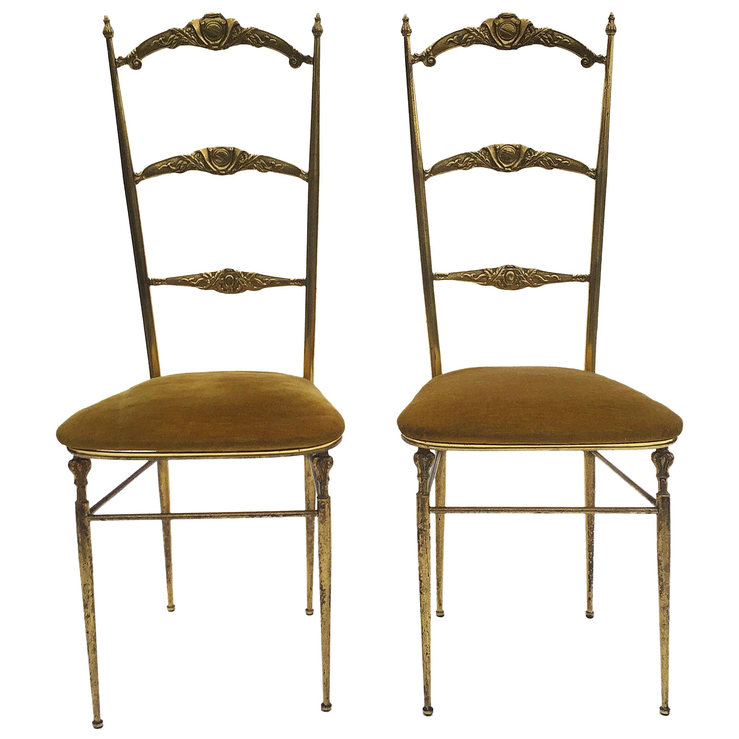 Mid-Century Pair Of Chiavari Style Brass Ladder Accent Side Chairs, 1950s