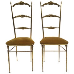 Mid-Century Pair Of Chiavari Style Brass Ladder Accent Side Chairs, 1950s