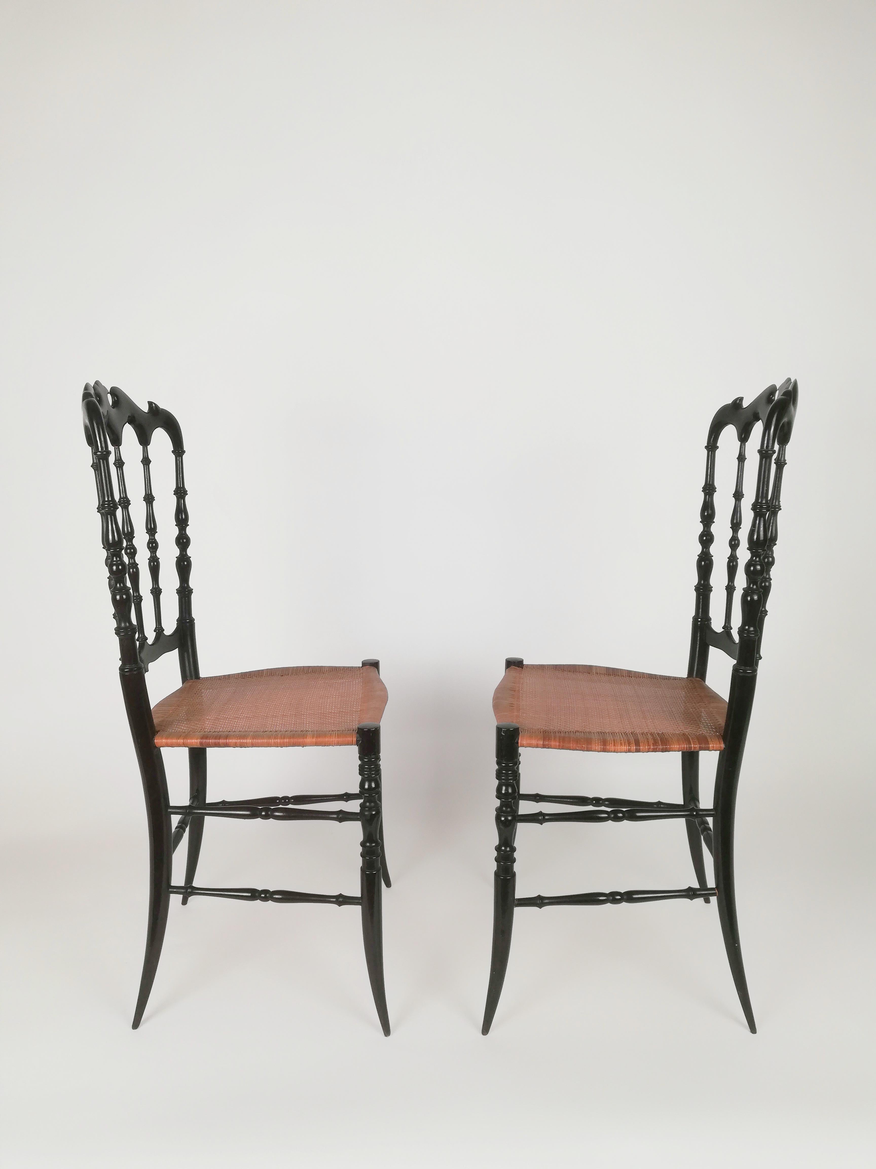 Carved Pair of Chiavarine Chairs Parisian Serie, in Super Light Black Wood and Straw
