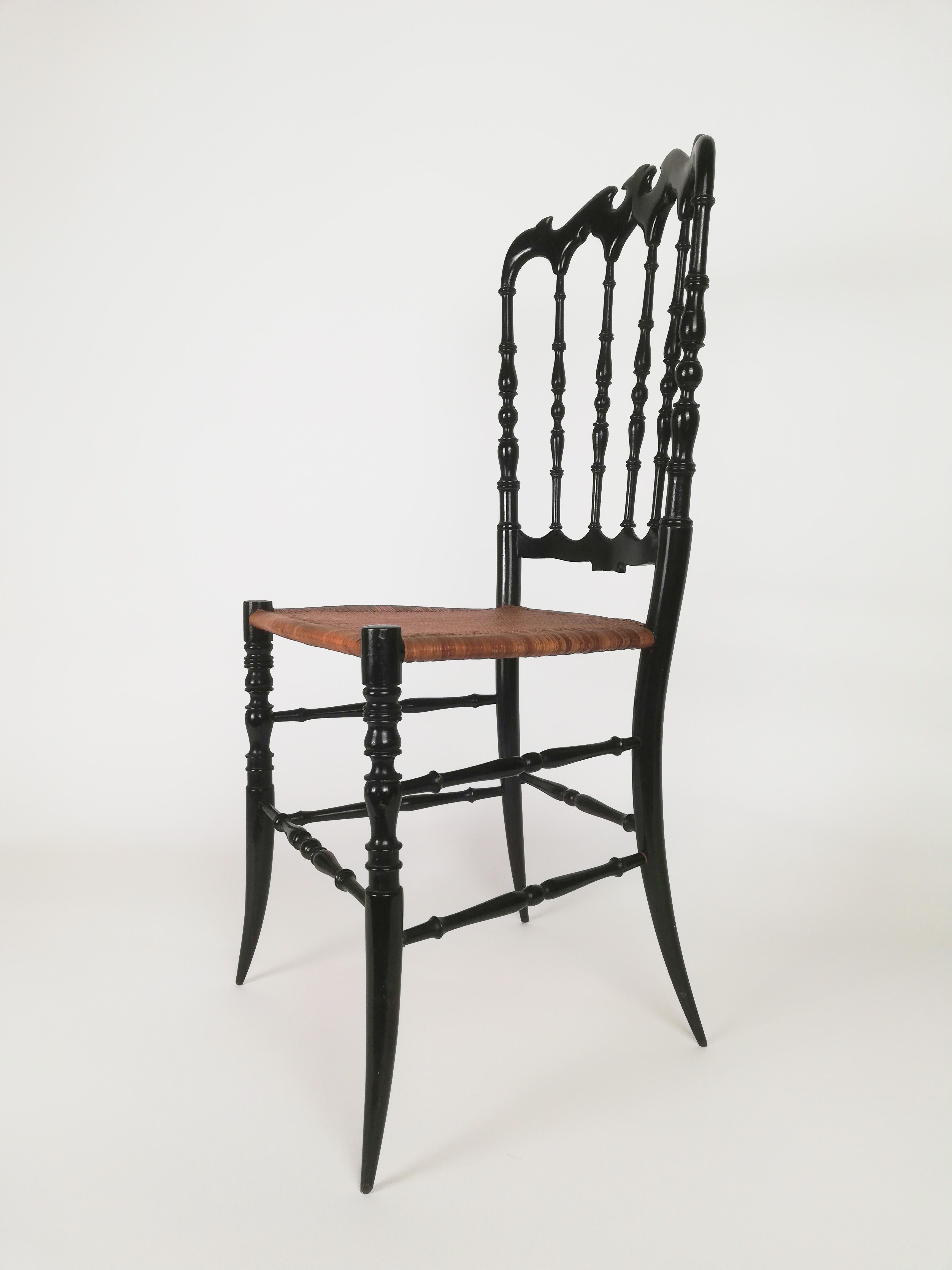 20th Century Pair of Chiavarine Chairs Parisian Serie, in Super Light Black Wood and Straw