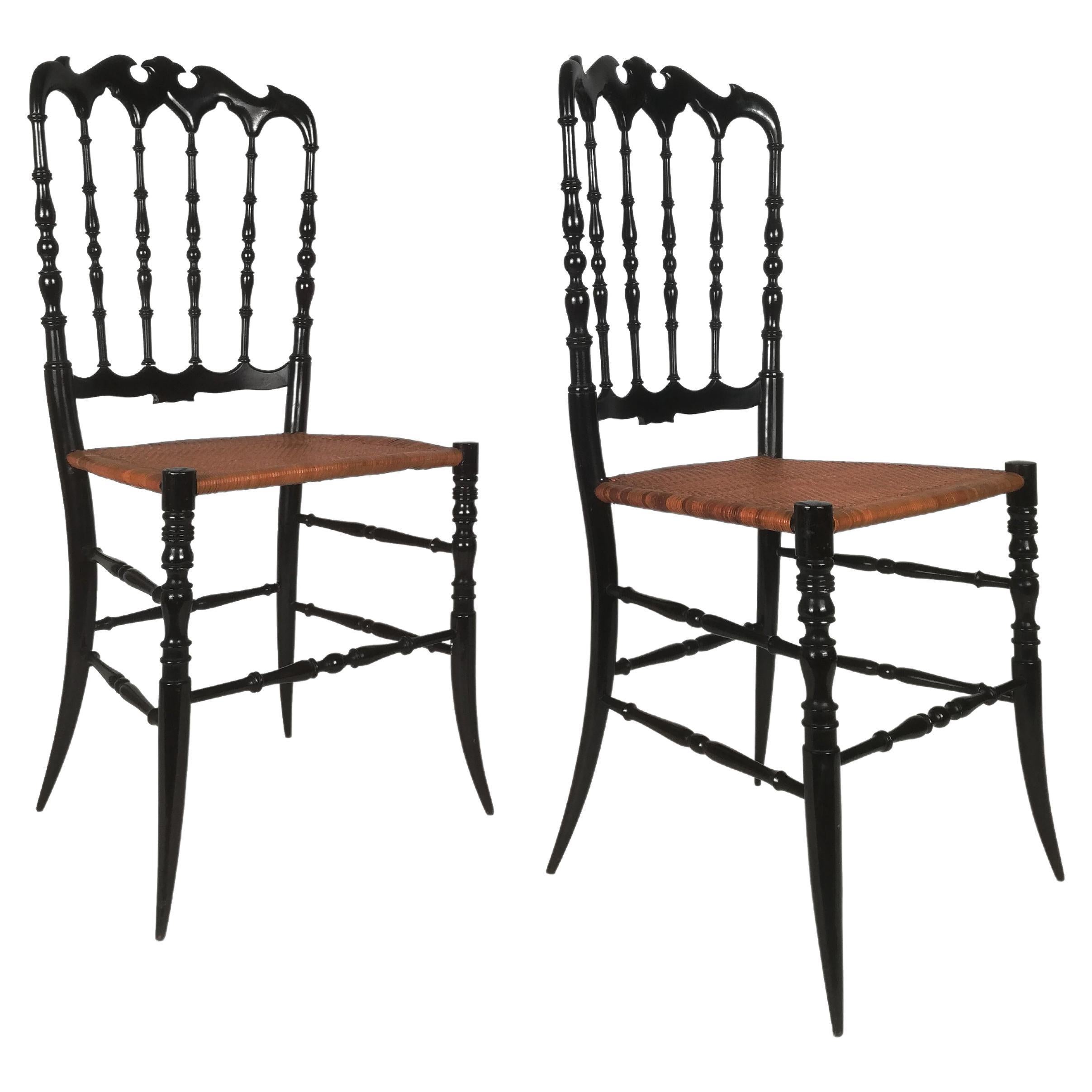 Pair of Chiavarine Chairs Parisian Serie, in Super Light Black Wood and Straw