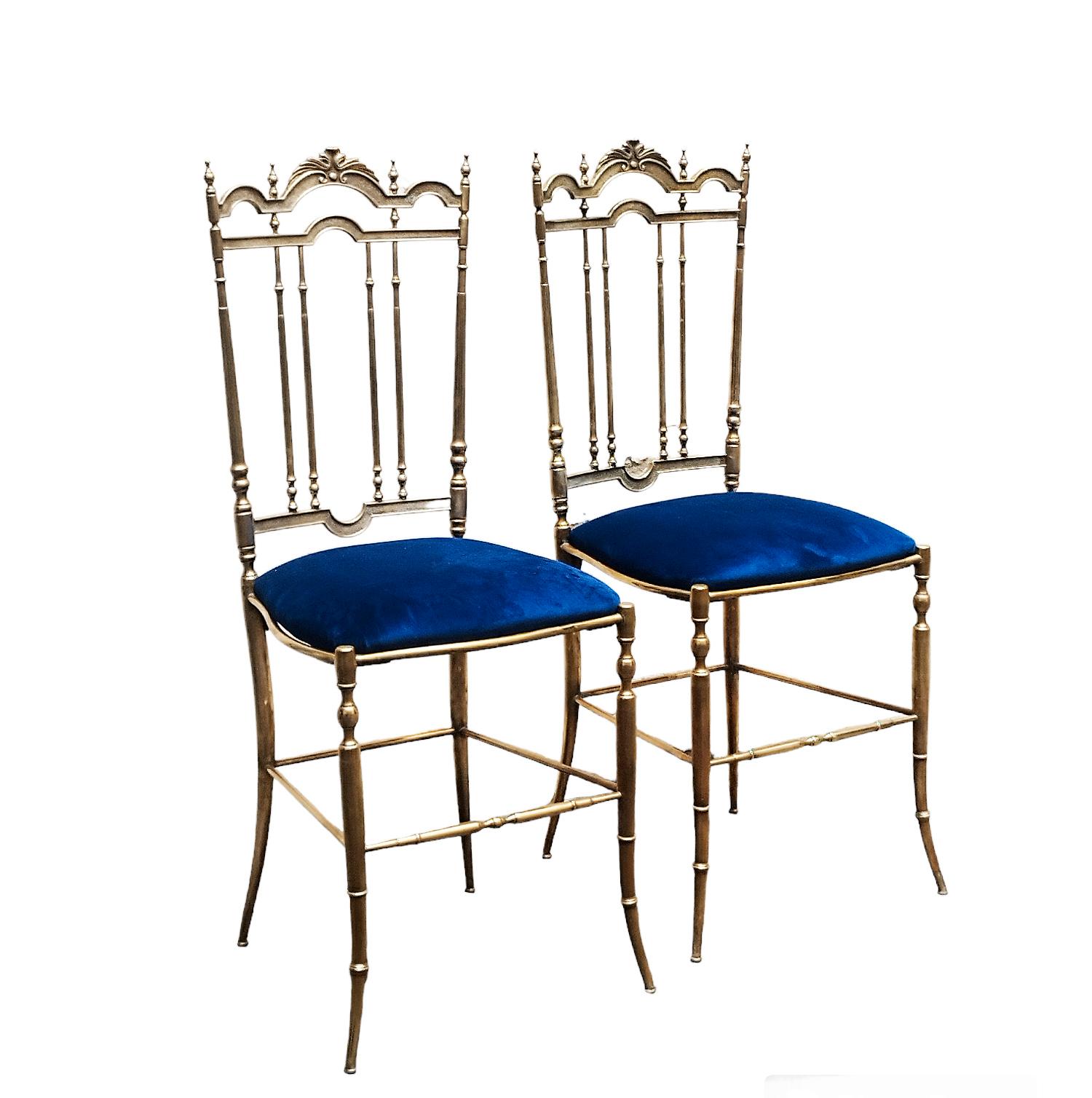 Mid-Century Modern Pair of Chiavarine He and She Chairs in Brass and Velvet, Italy 1950s
