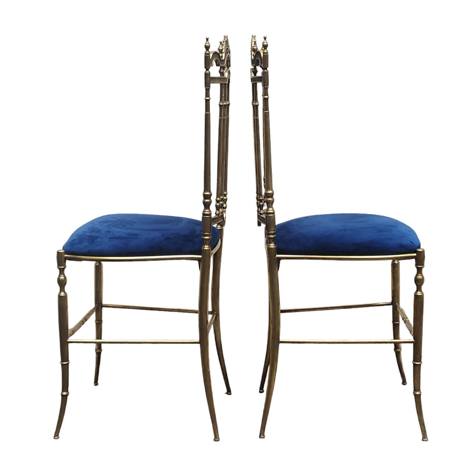 Italian Pair of Chiavarine He and She Chairs in Brass and Velvet, Italy 1950s