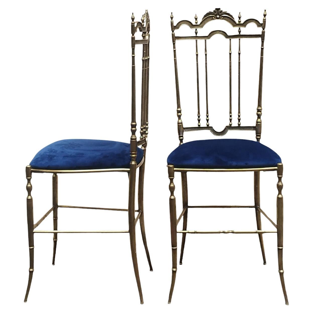 Pair of Chiavarine He and She Chairs in Brass and Velvet, Italy 1950s