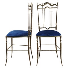 Pair of Chiavarine He and She Chairs in Brass and Velvet, Italy 1950s