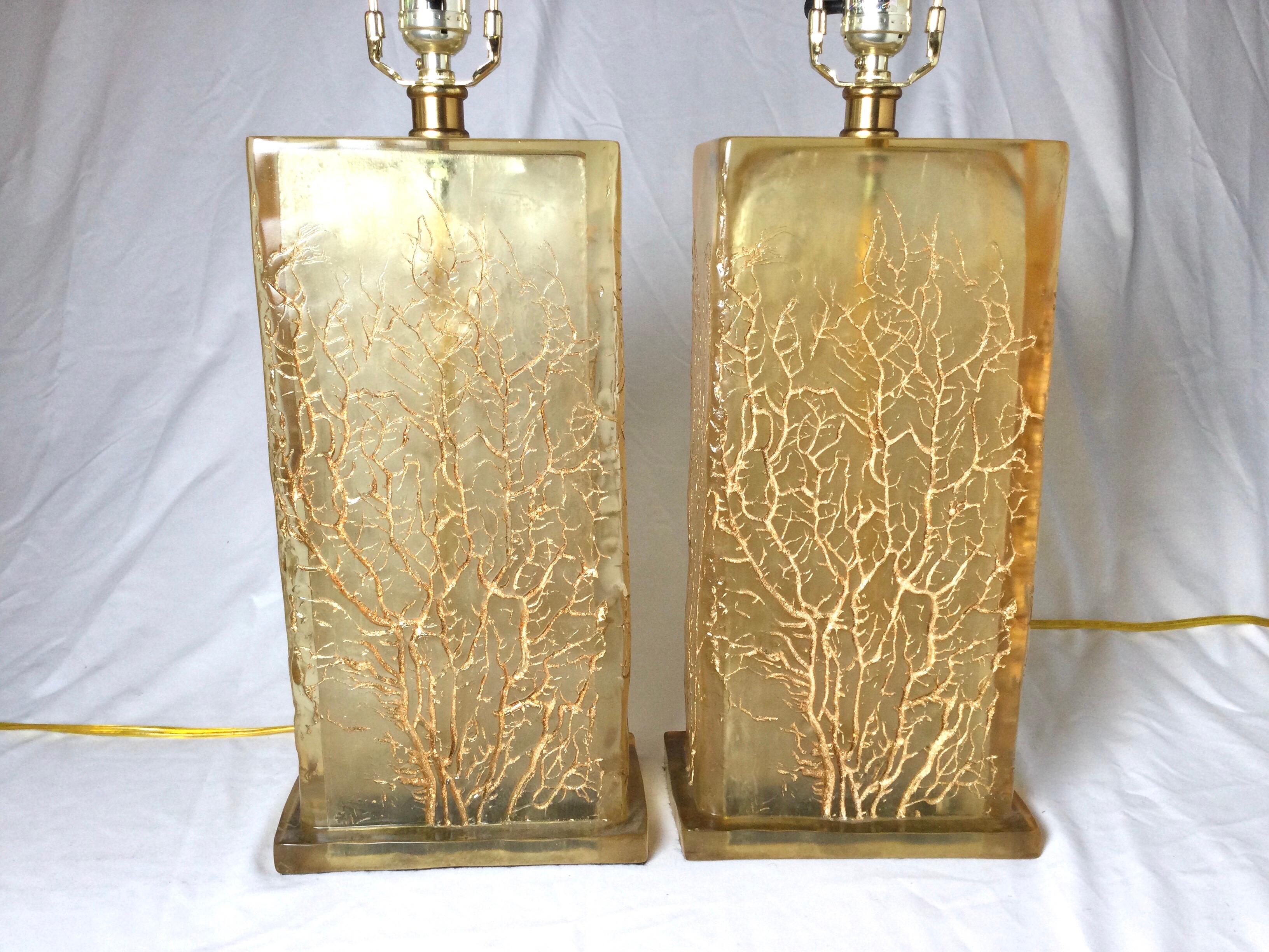 American Pair of Chic Amber Lucite Lamps