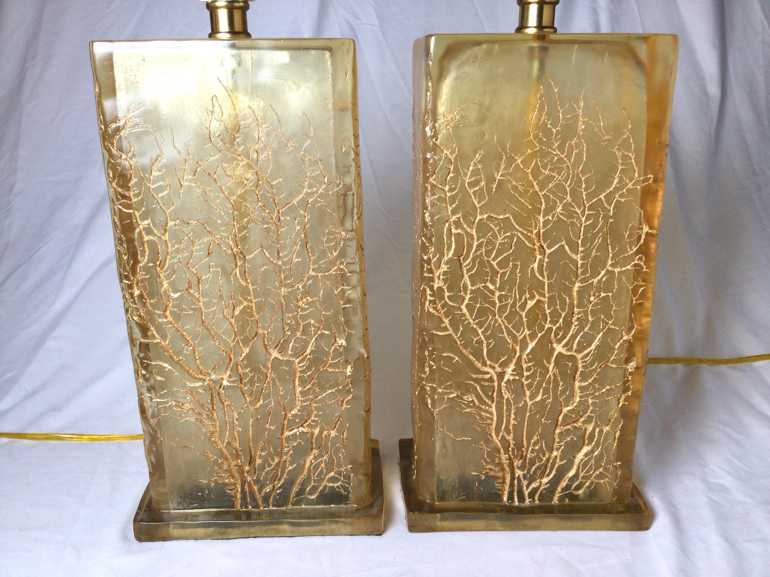 20th Century Pair of Chic Amber Lucite Lamps