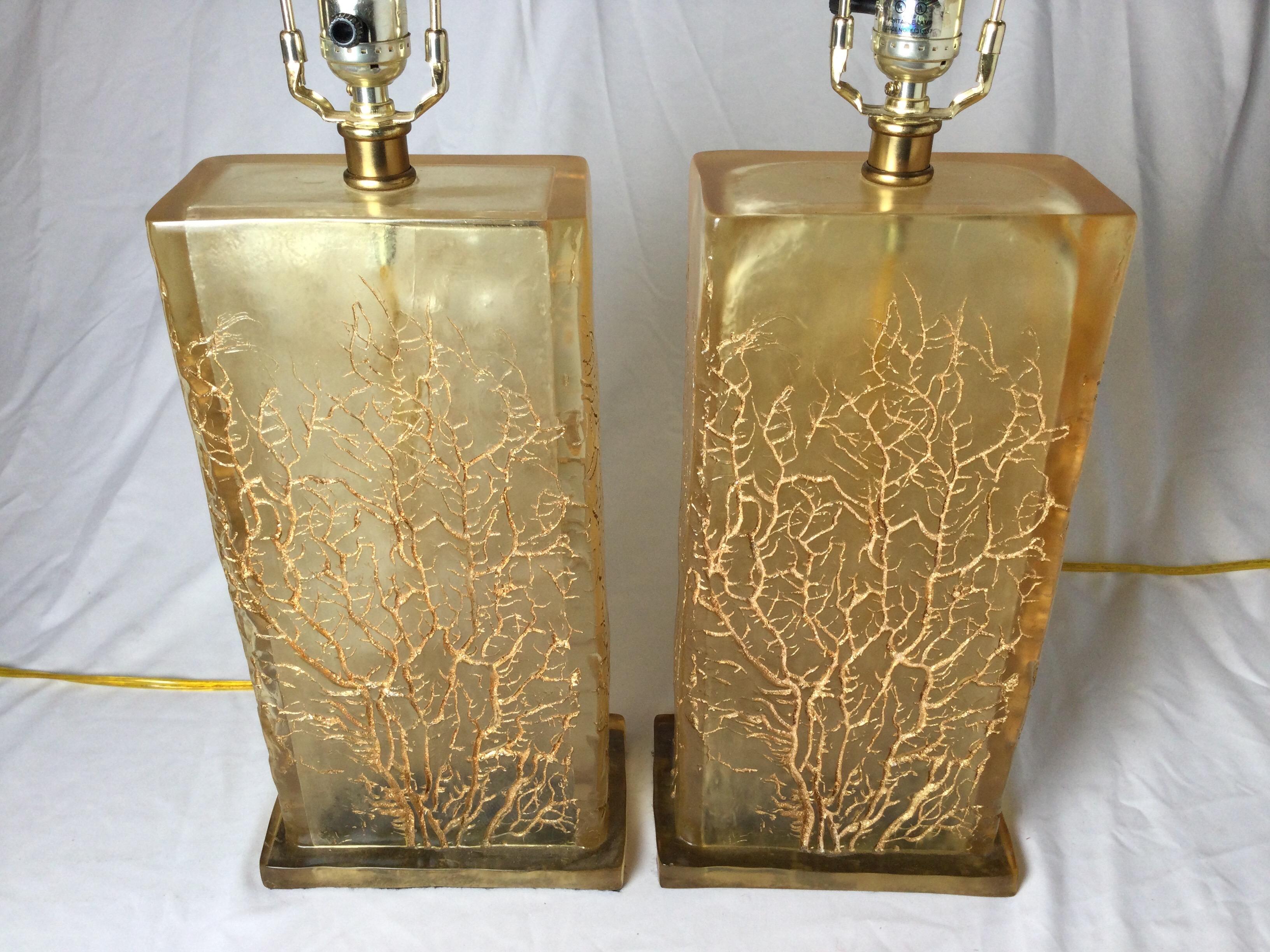 Pair of Chic Amber Lucite Lamps 1