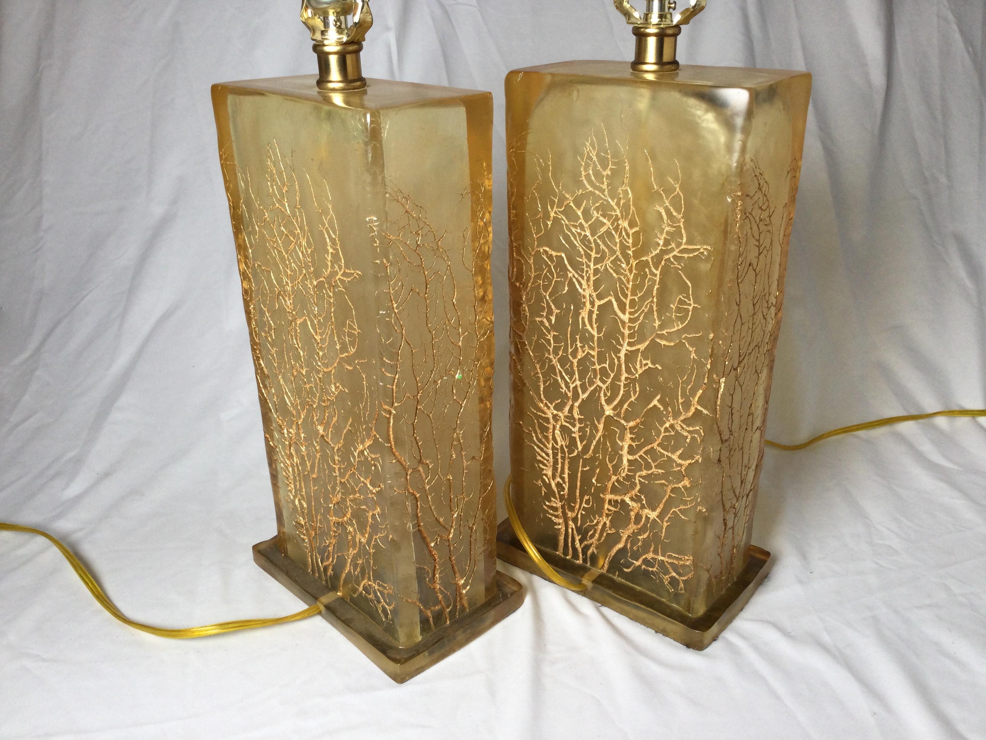Pair of Chic Amber Lucite Lamps 2