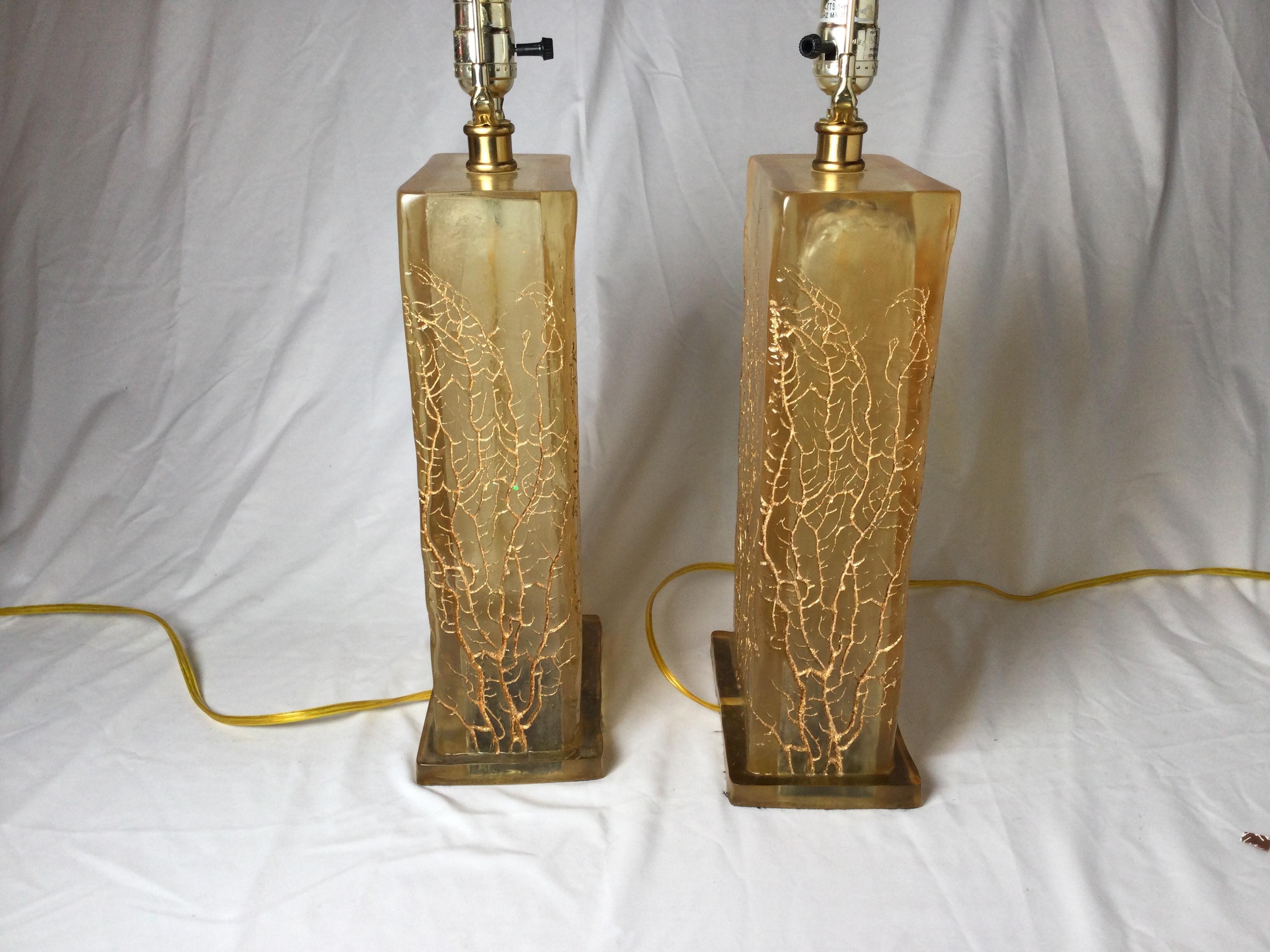 Pair of Chic Amber Lucite Lamps 3