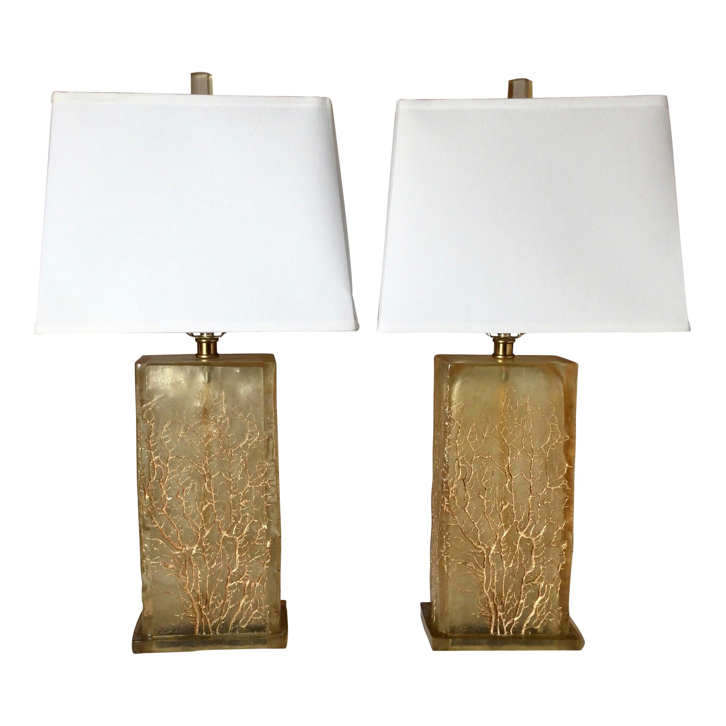 Pair of Chic Amber Lucite Lamps