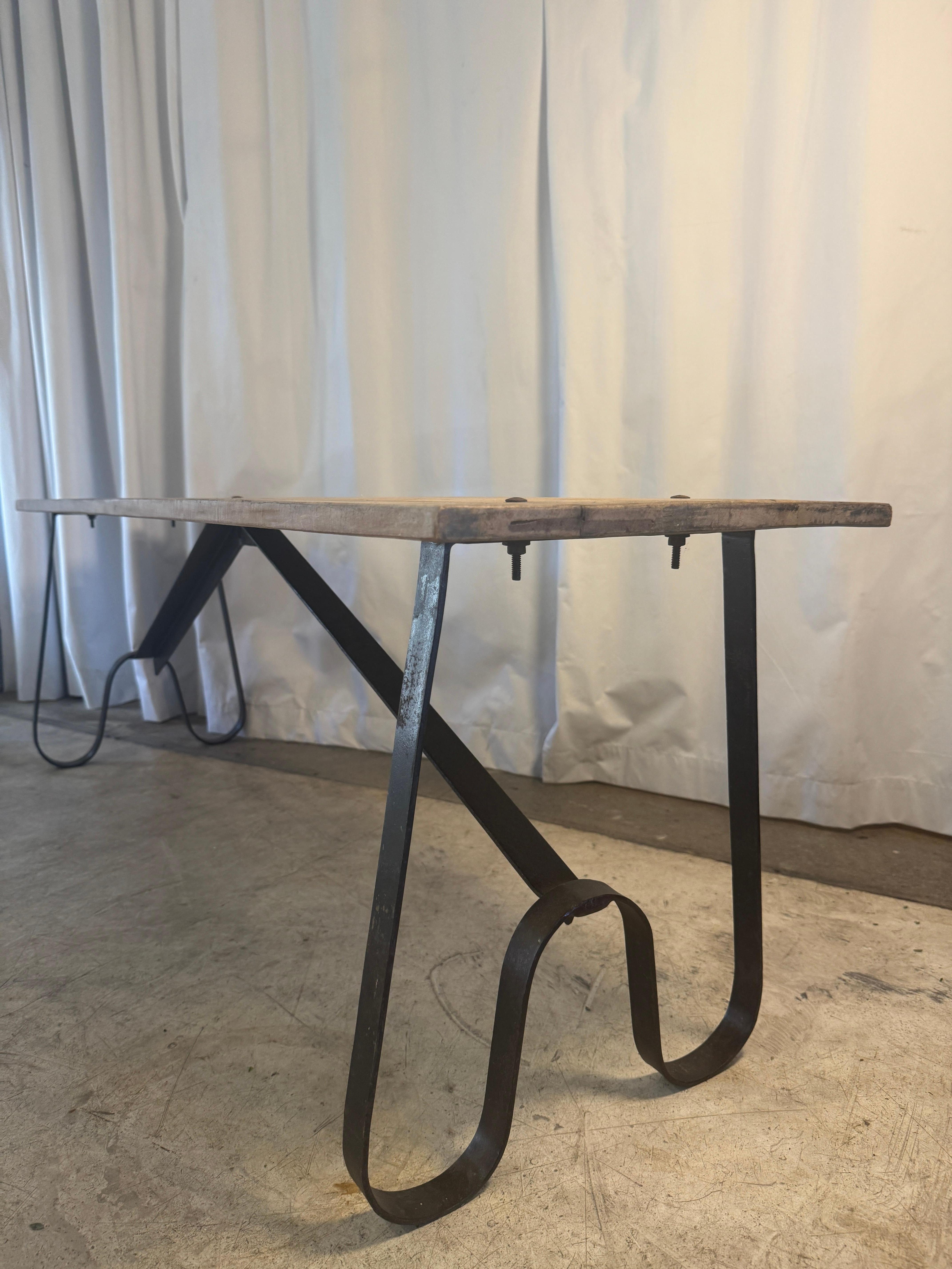Pair of Chic Antique “Grimaud” Benches with Wrought Iron-Bases + Reclaimed Wood For Sale 4