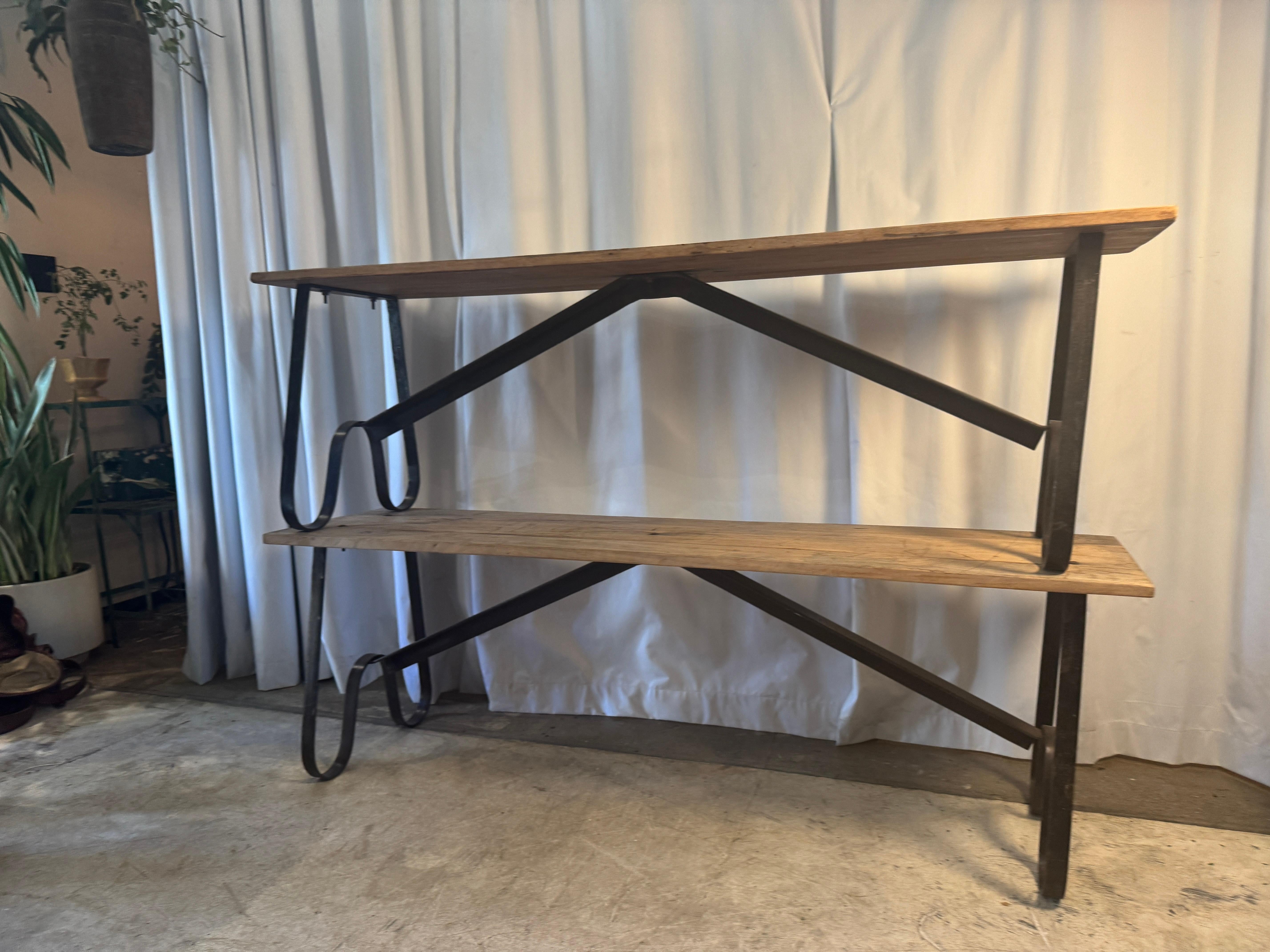 Pair of Chic Antique “Grimaud” Benches with Wrought Iron-Bases + Reclaimed Wood For Sale 5