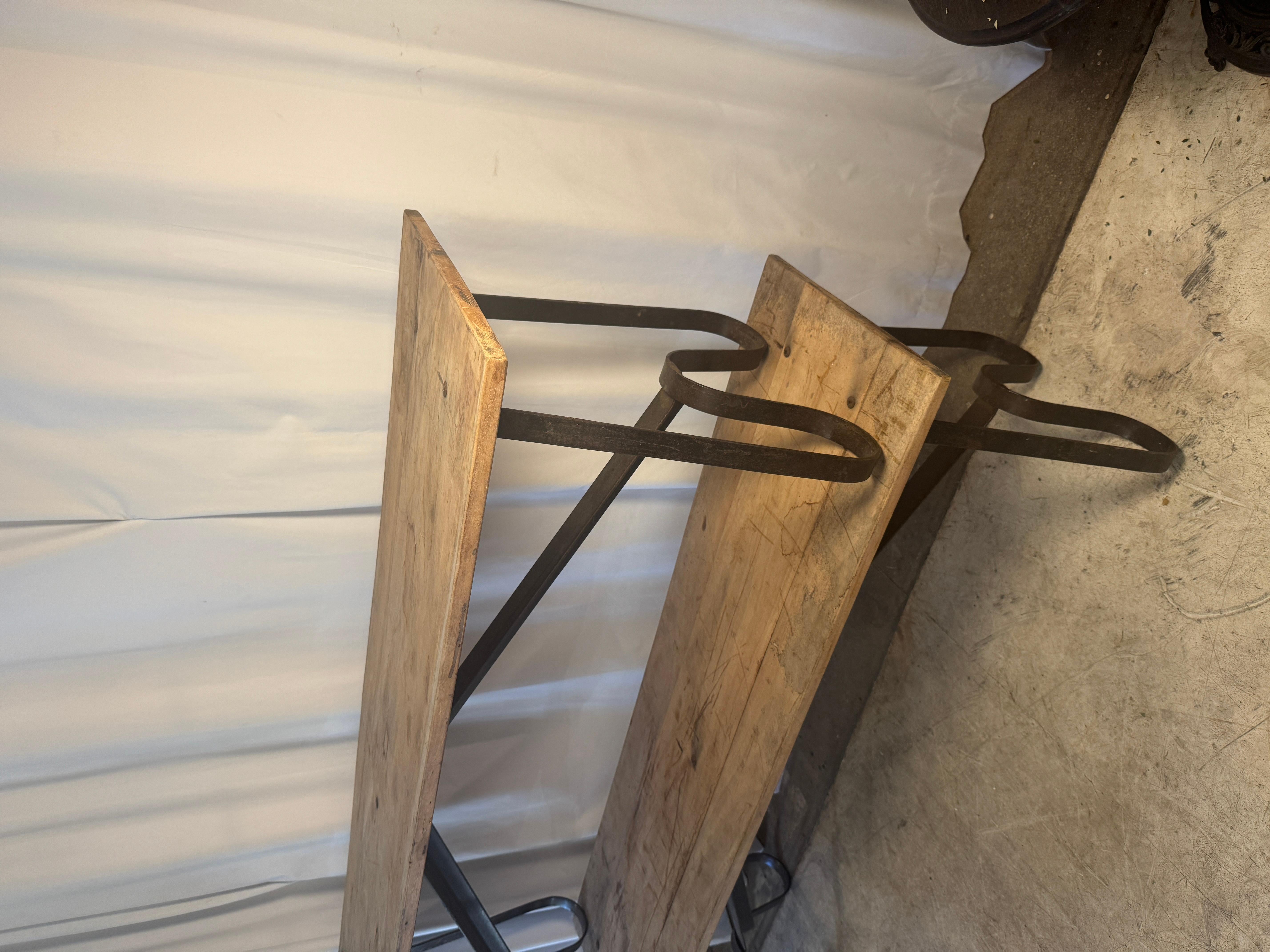 Pair of Chic Antique “Grimaud” Benches with Wrought Iron-Bases + Reclaimed Wood For Sale 7