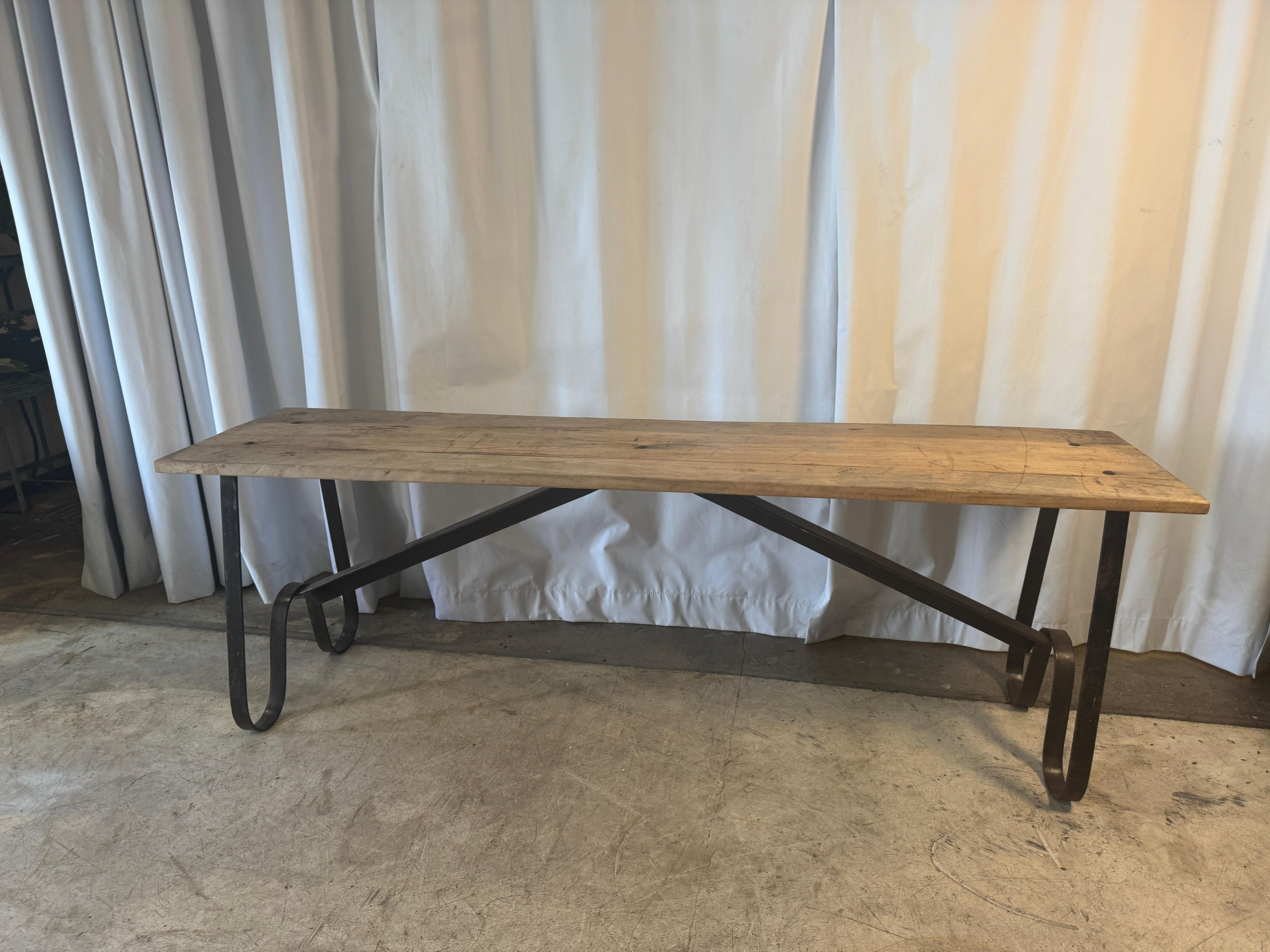 Danish Pair of Chic Antique “Grimaud” Benches with Wrought Iron-Bases + Reclaimed Wood For Sale