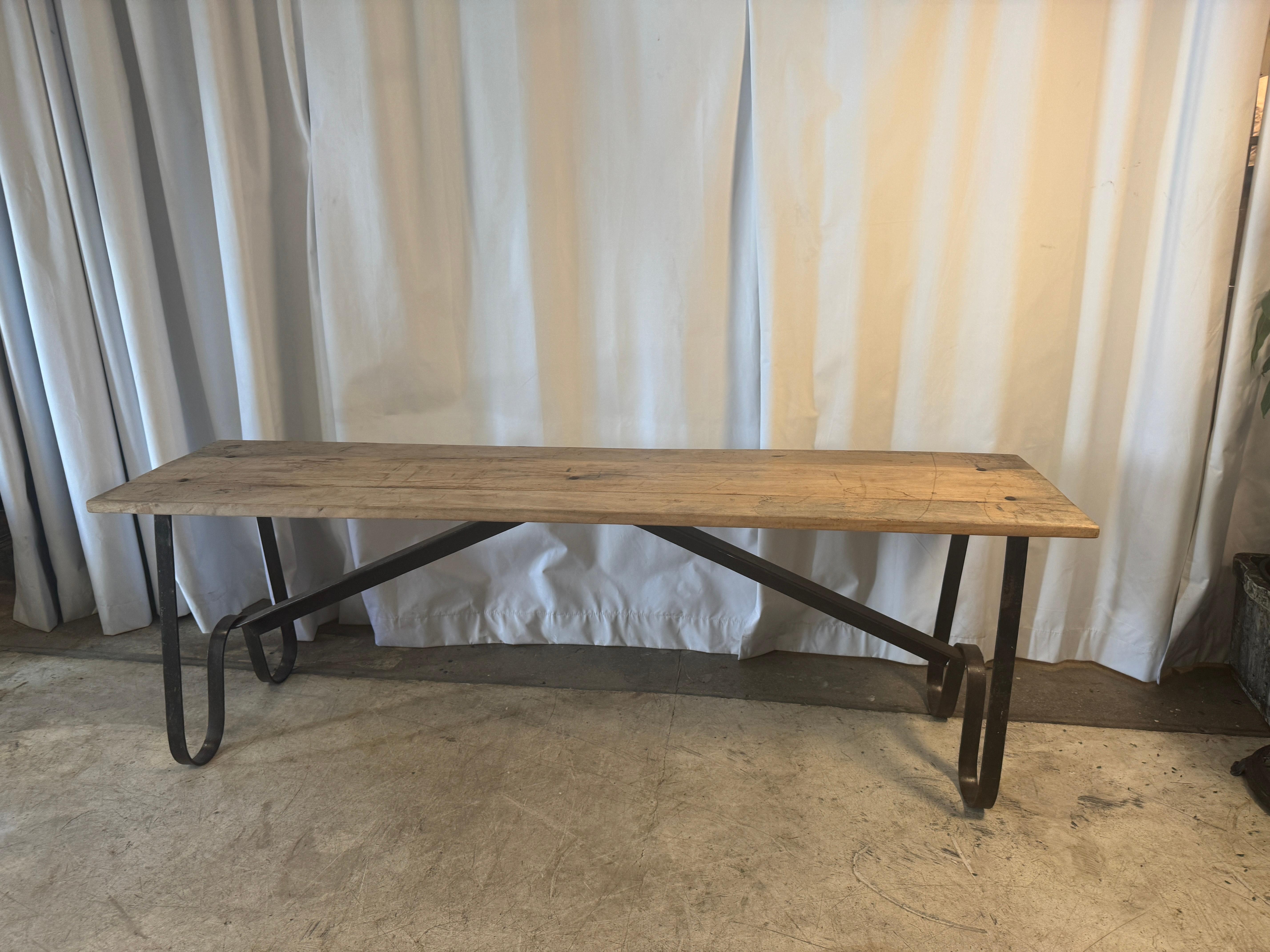 Pair of Chic Antique “Grimaud” Benches with Wrought Iron-Bases + Reclaimed Wood In Good Condition For Sale In West Hollywood, CA