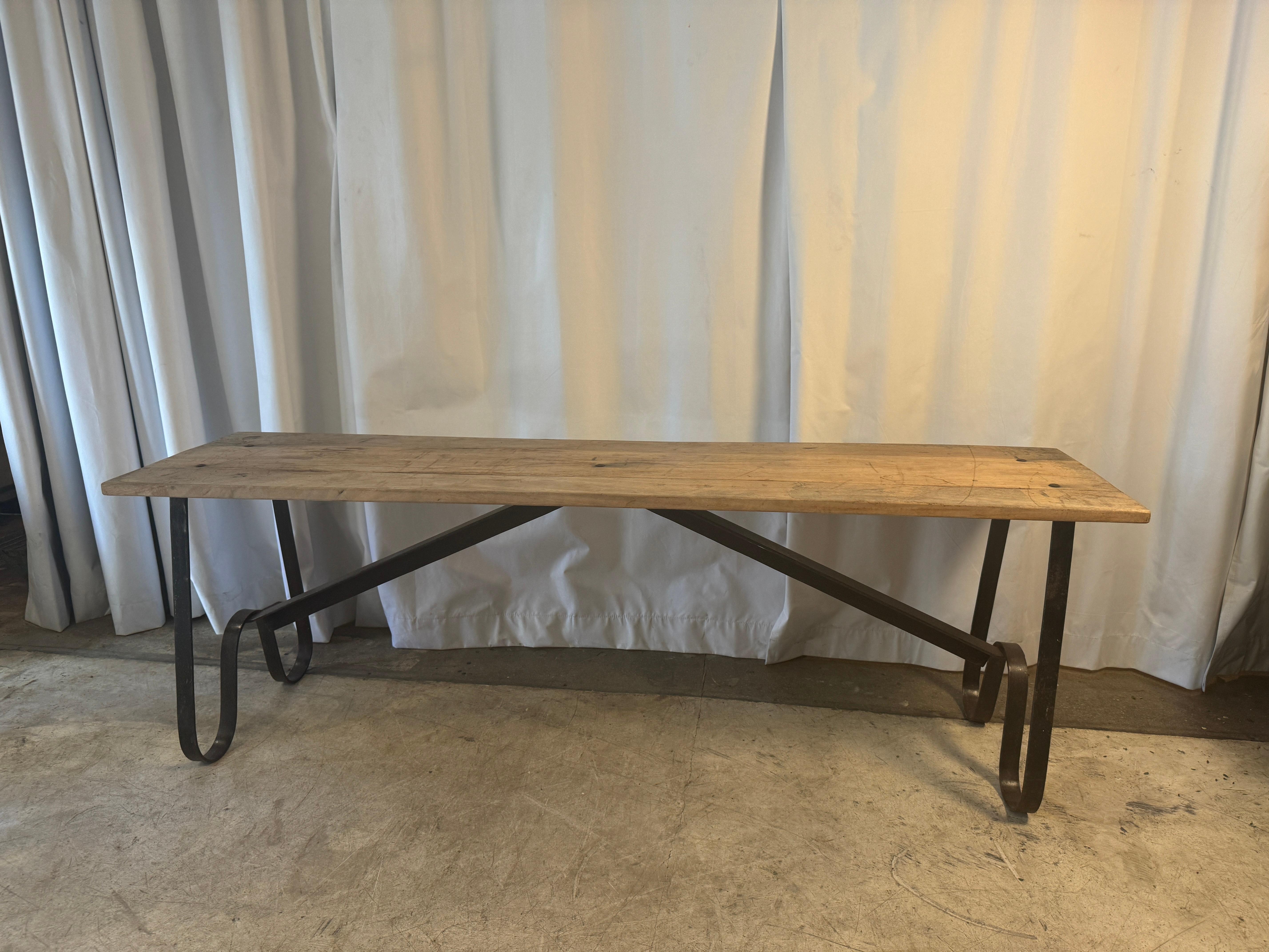 20th Century Pair of Chic Antique “Grimaud” Benches with Wrought Iron-Bases + Reclaimed Wood For Sale