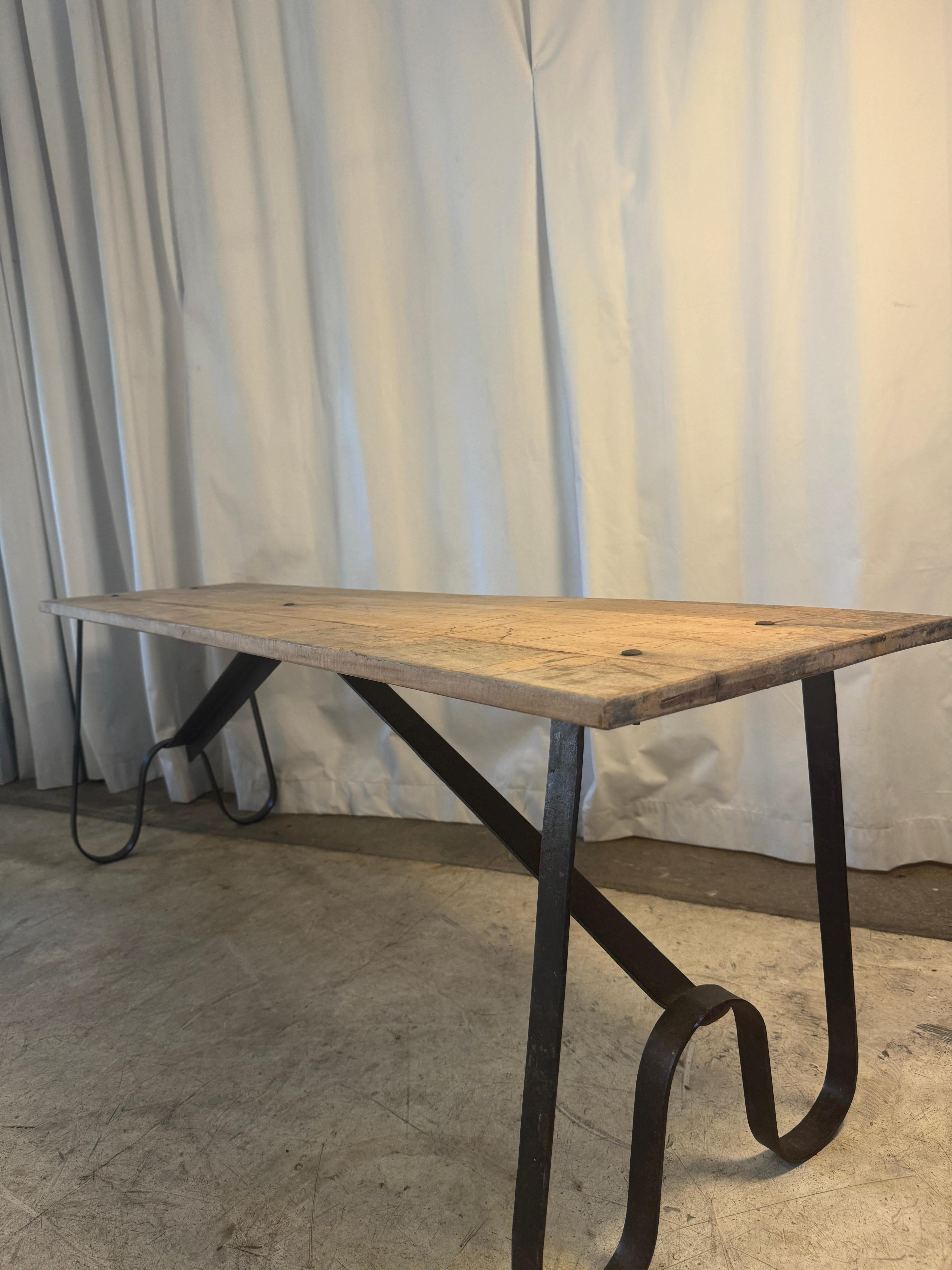 Pair of Chic Antique “Grimaud” Benches with Wrought Iron-Bases + Reclaimed Wood For Sale 1