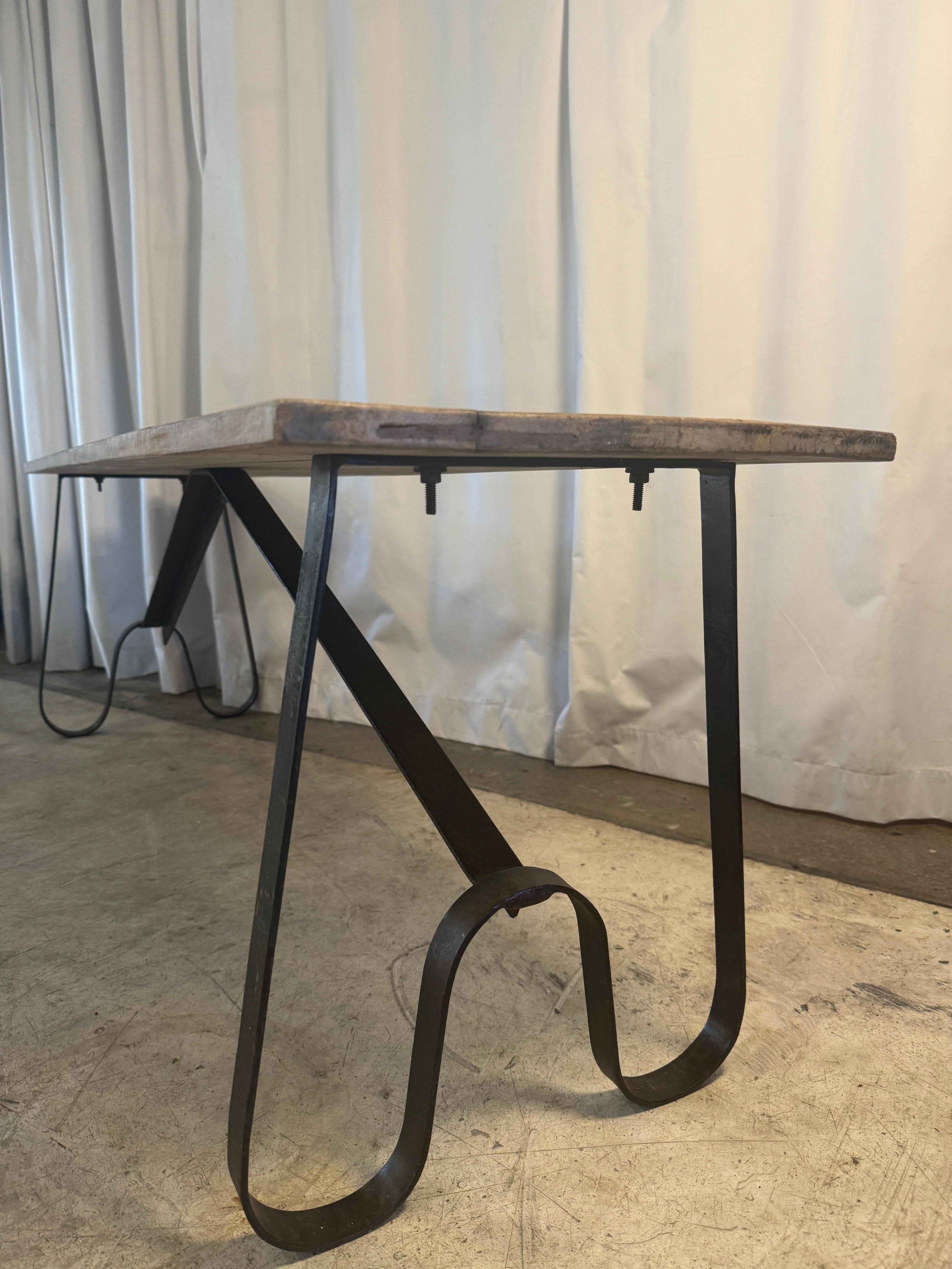 Pair of Chic Antique “Grimaud” Benches with Wrought Iron-Bases + Reclaimed Wood For Sale 2