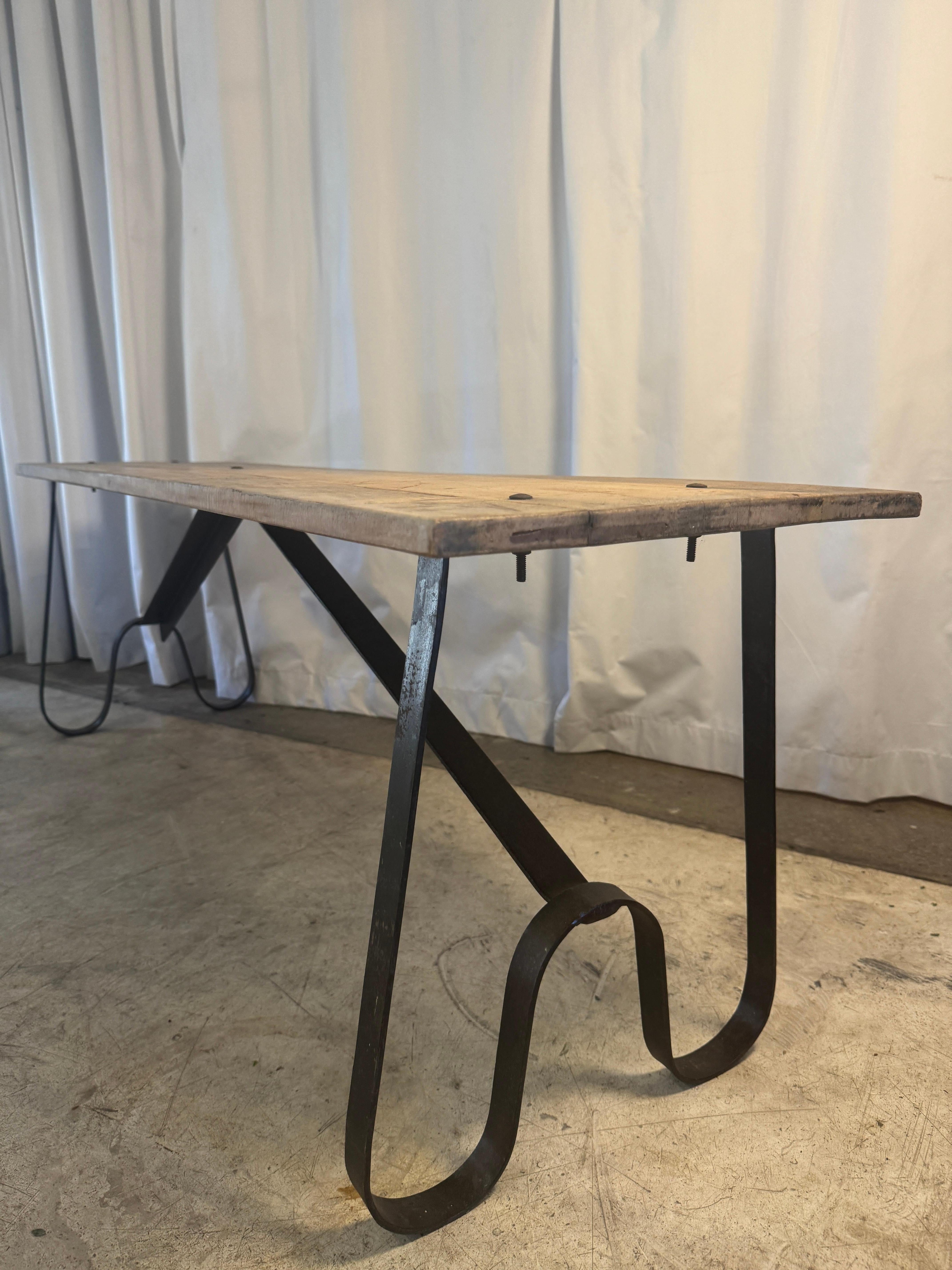 Pair of Chic Antique “Grimaud” Benches with Wrought Iron-Bases + Reclaimed Wood For Sale 3