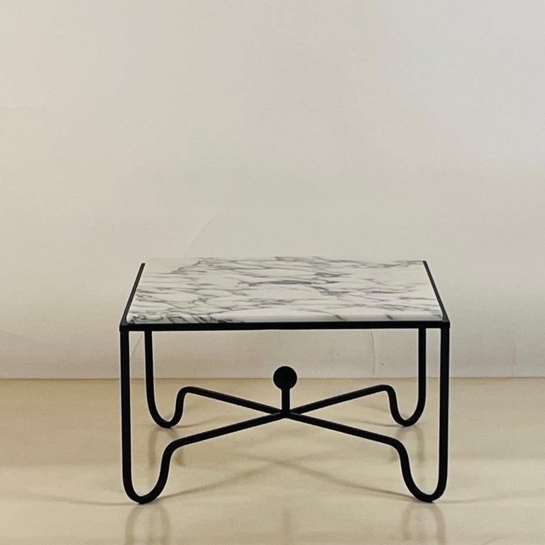 Powder-Coated Pair of Chic Arabescato Marble 'Entretoise' Side or End Tables by Design Frères For Sale