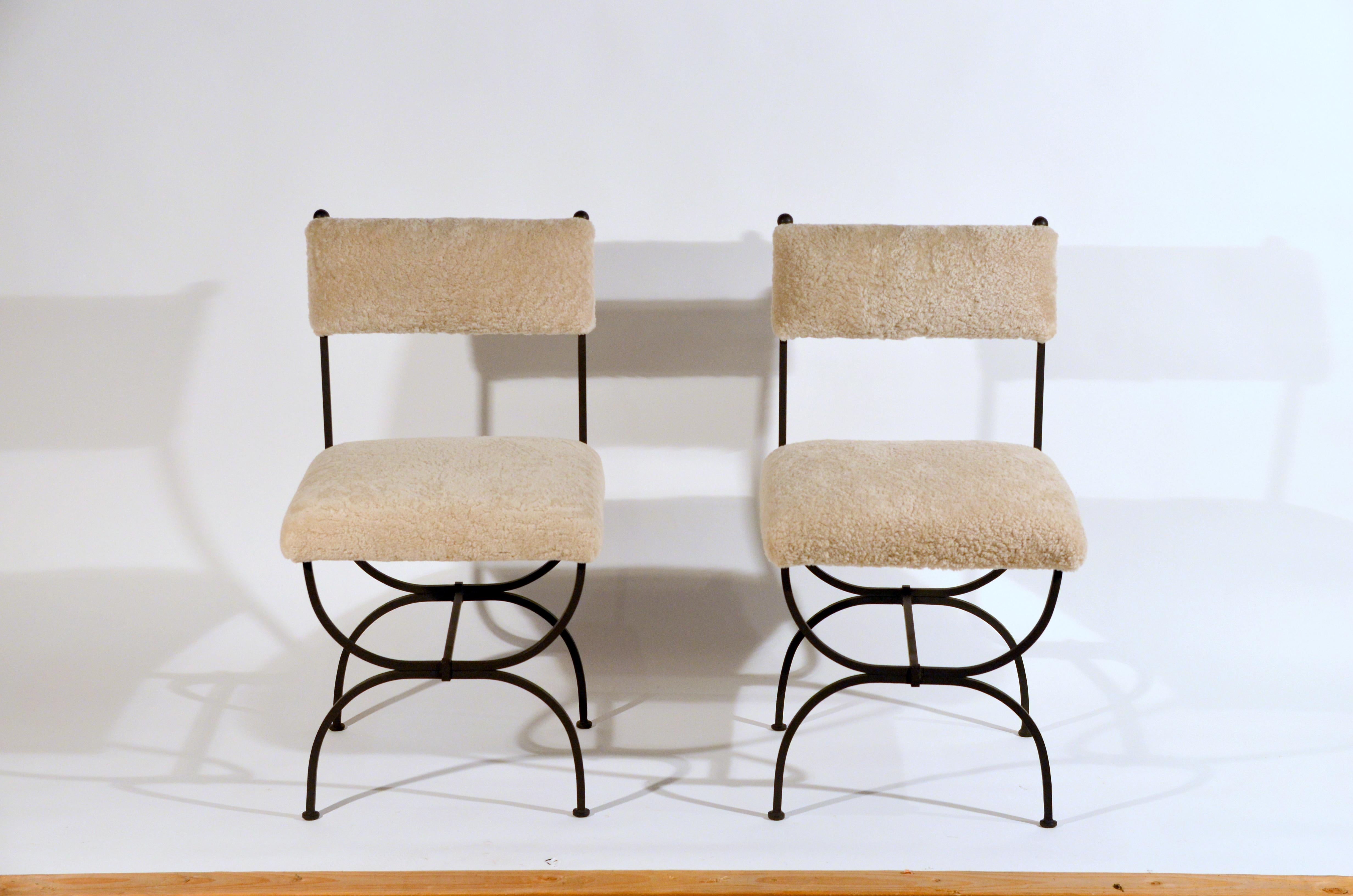 Contemporary Pair of Chic 'Arcade' Wrought Iron and Shearling Chairs by Design Frères For Sale